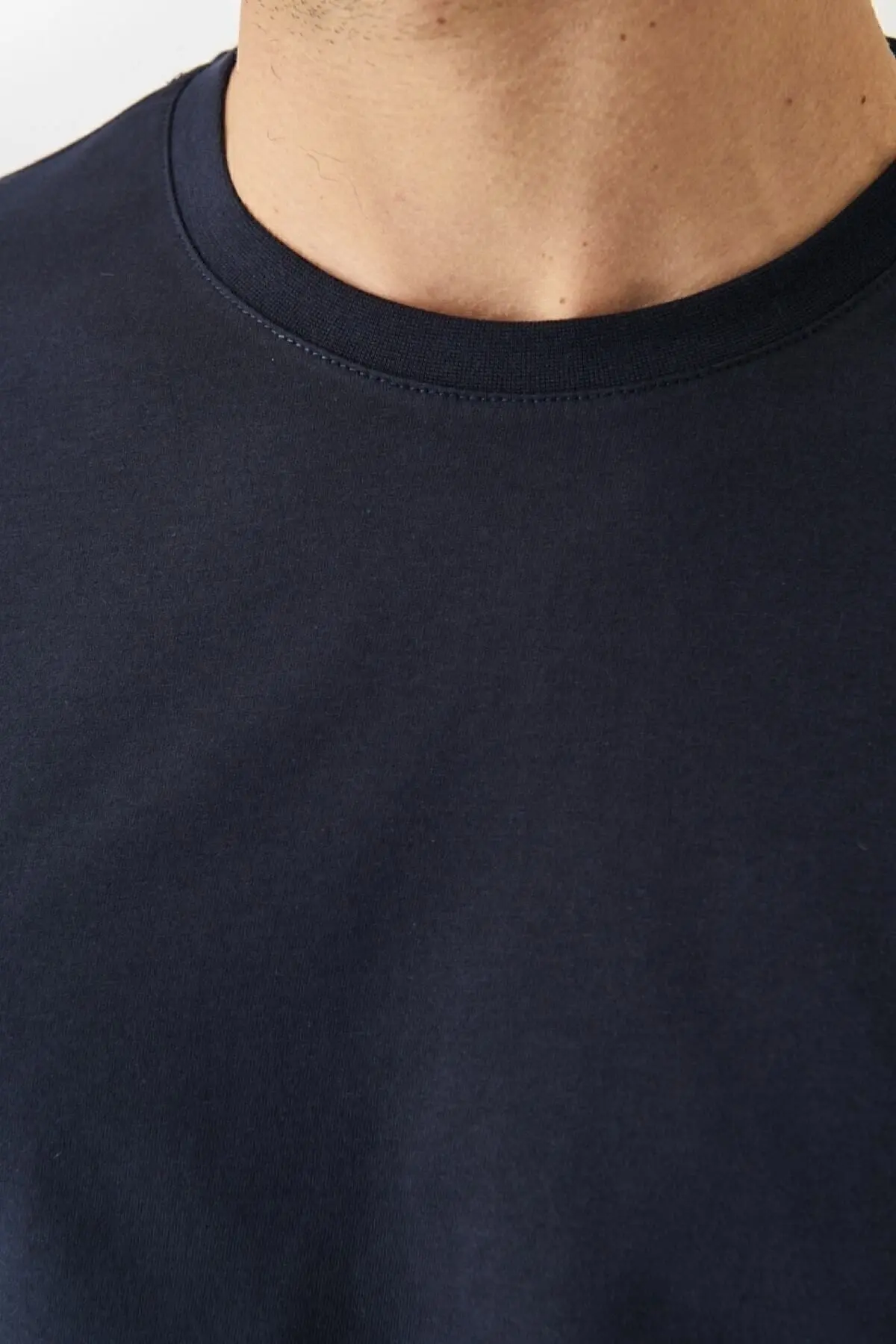 Erkek Beyaz-lacivert-siyahhaki-gri Melanj Slim Fit Bisiklet Yaka %100 Pamuk 5'li Basic Tişört Paketi