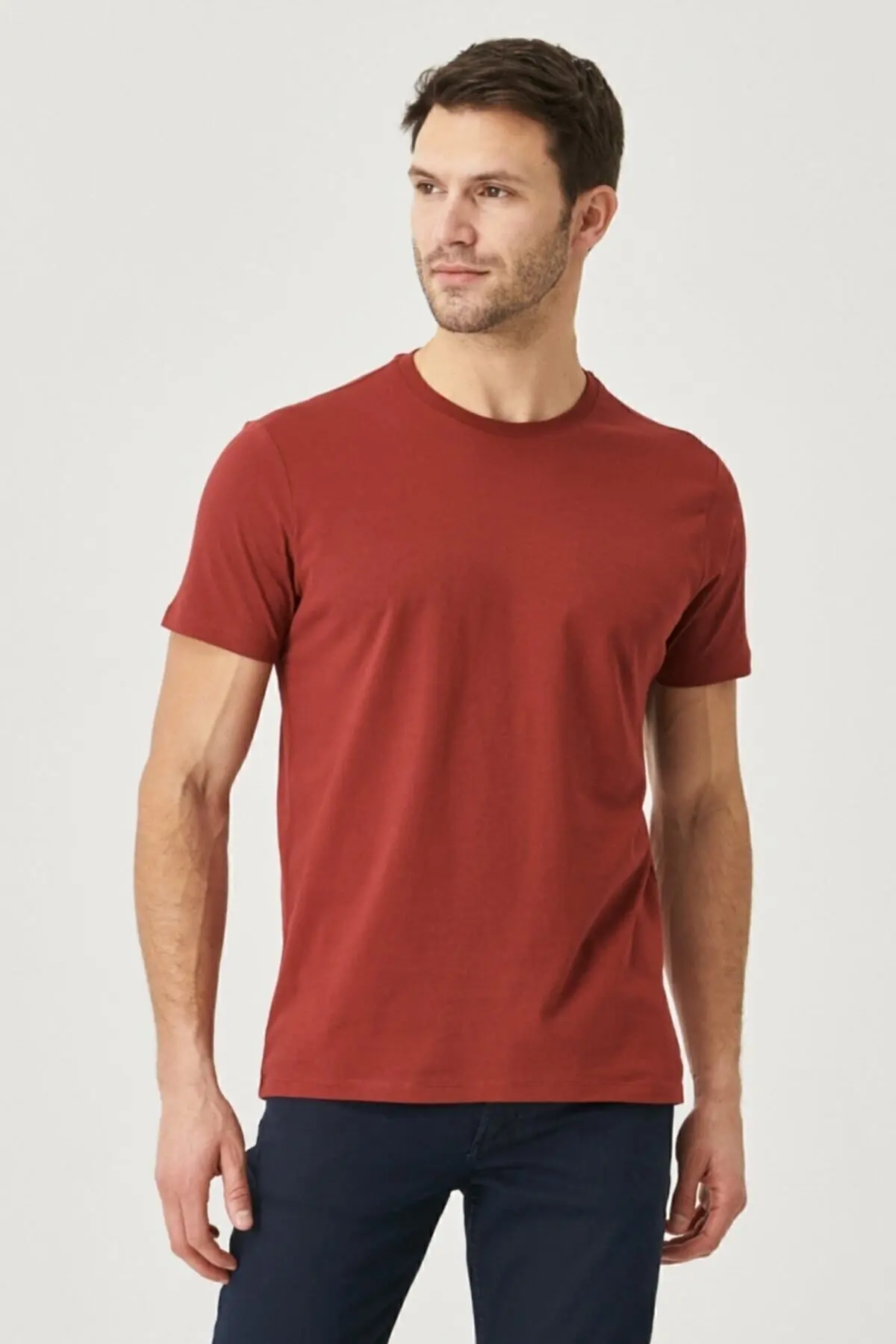 Erkek Saks-bordo-lac Slim Fit Dar Kesim Bisiklet Yaka %100 Pamuk 5'li Basic Tişört Paketi