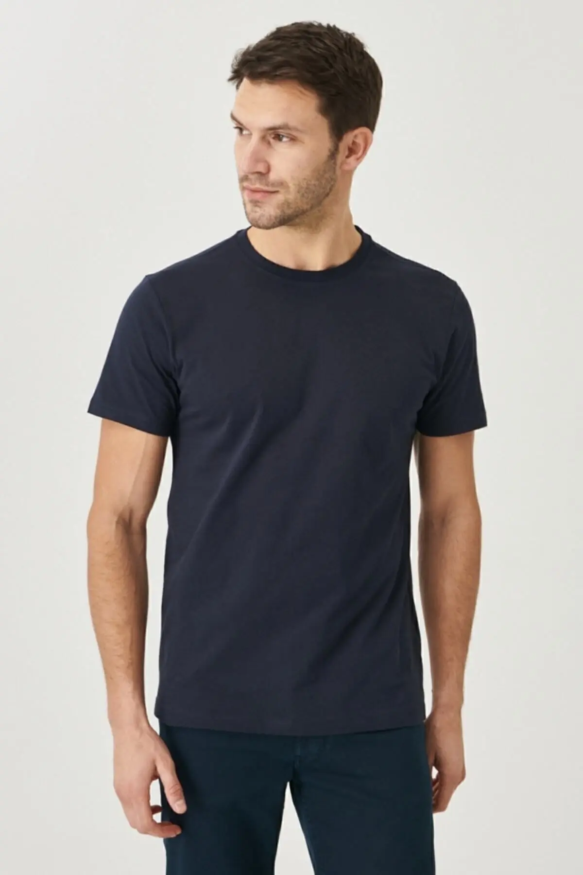 Erkek Saks-bordo-lac Slim Fit Dar Kesim Bisiklet Yaka %100 Pamuk 5'li Basic Tişört Paketi
