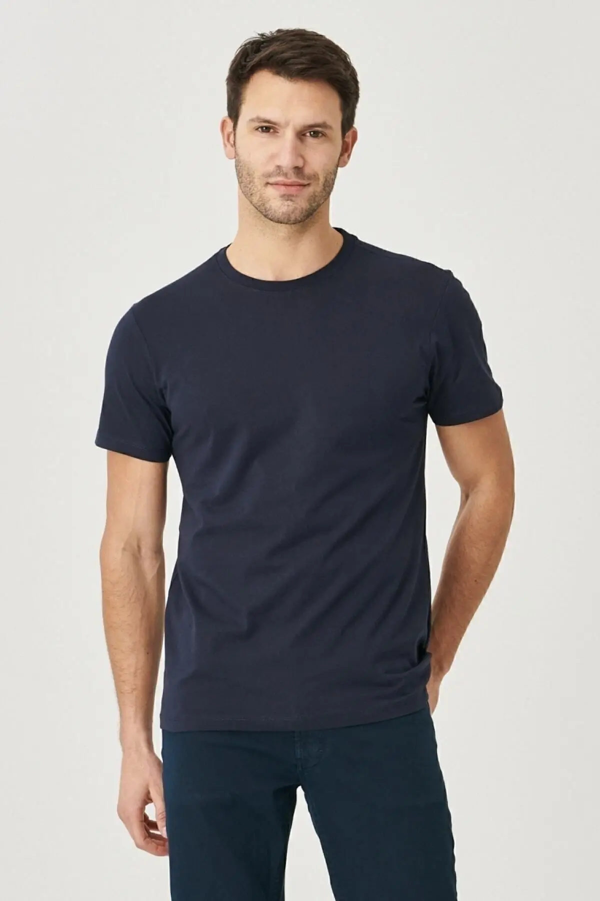 Erkek Beyaz-lacivert-siyahhaki-gri Melanj Slim Fit Bisiklet Yaka %100 Pamuk 5'li Basic Tişört Paketi