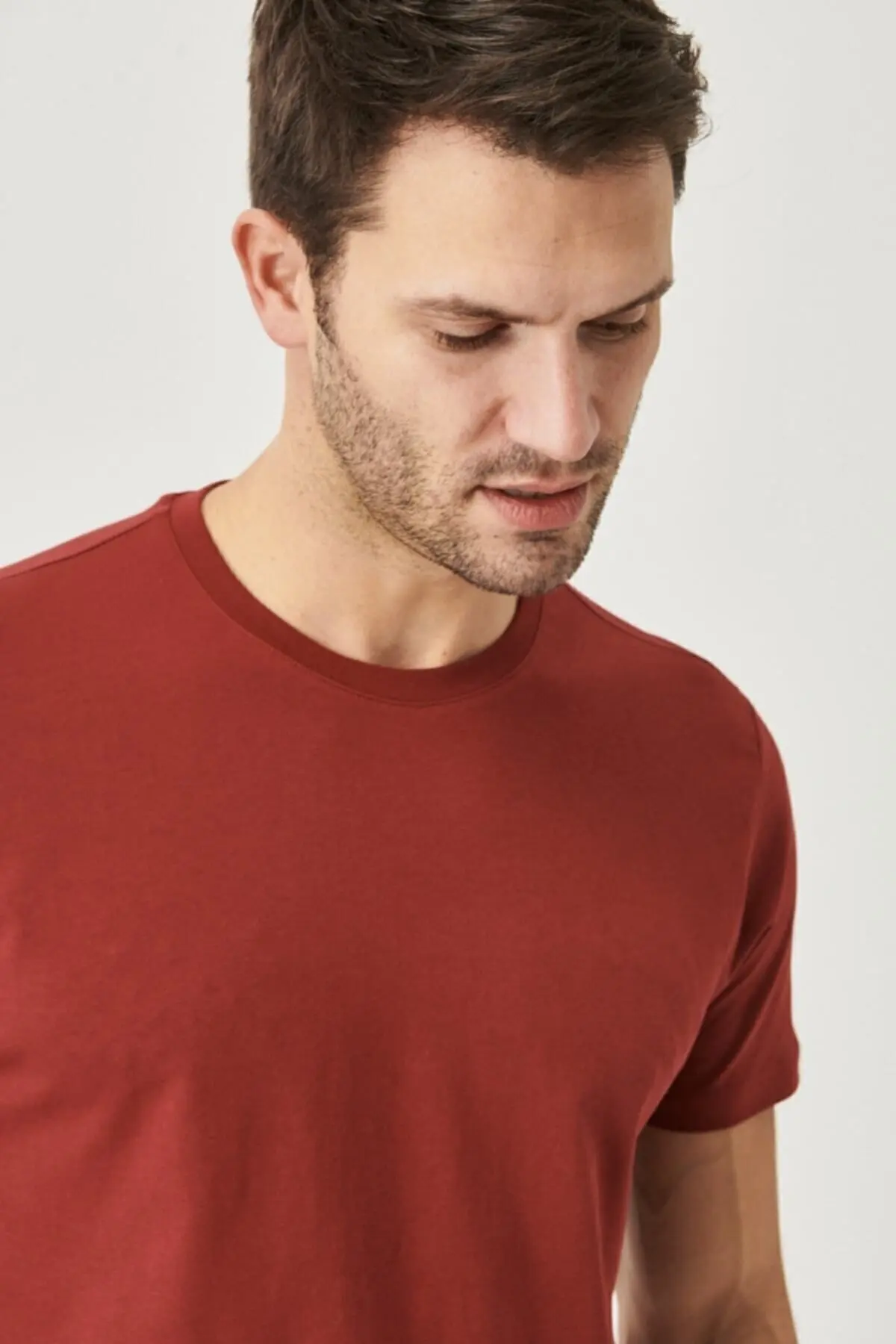 Erkek Beyaz-sıyah-hakı-bordo-turuncu Slim Fit Bisiklet Yaka %100 Pamuk 5'li Basic Tişört Paketi
