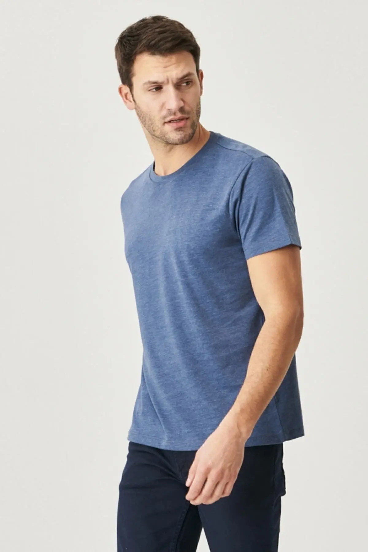 Erkek Saks-bordo-lac Slim Fit Dar Kesim Bisiklet Yaka %100 Pamuk 5'li Basic Tişört Paketi