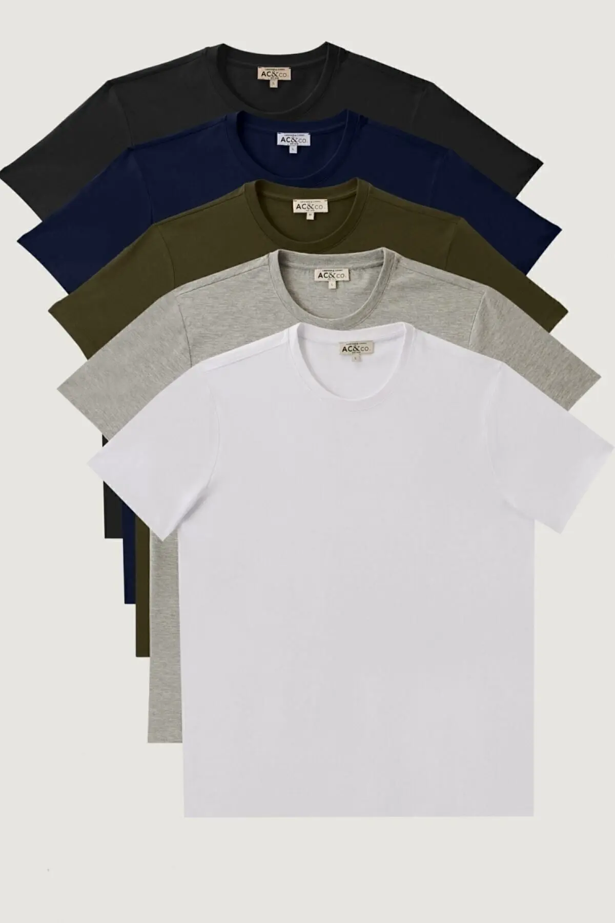 AC&Co / Altınyıldız Classics Erkek Beyaz-lacivert-siyahhaki-gri Melanj Slim Fit Bisiklet Yaka %100 Pamuk 5'li Basic Tişört Paketi