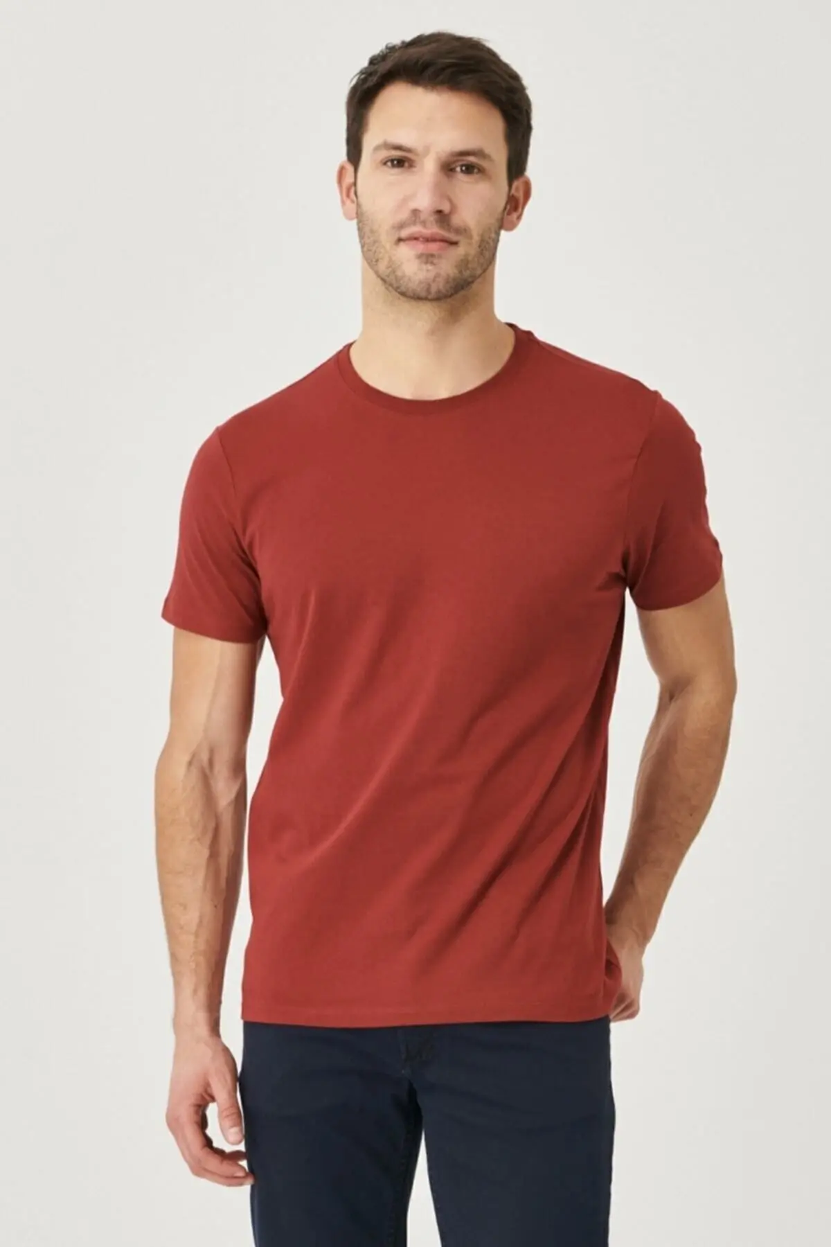 Erkek Beyaz-sıyah-hakı-bordo-turuncu Slim Fit Bisiklet Yaka %100 Pamuk 5'li Basic Tişört Paketi