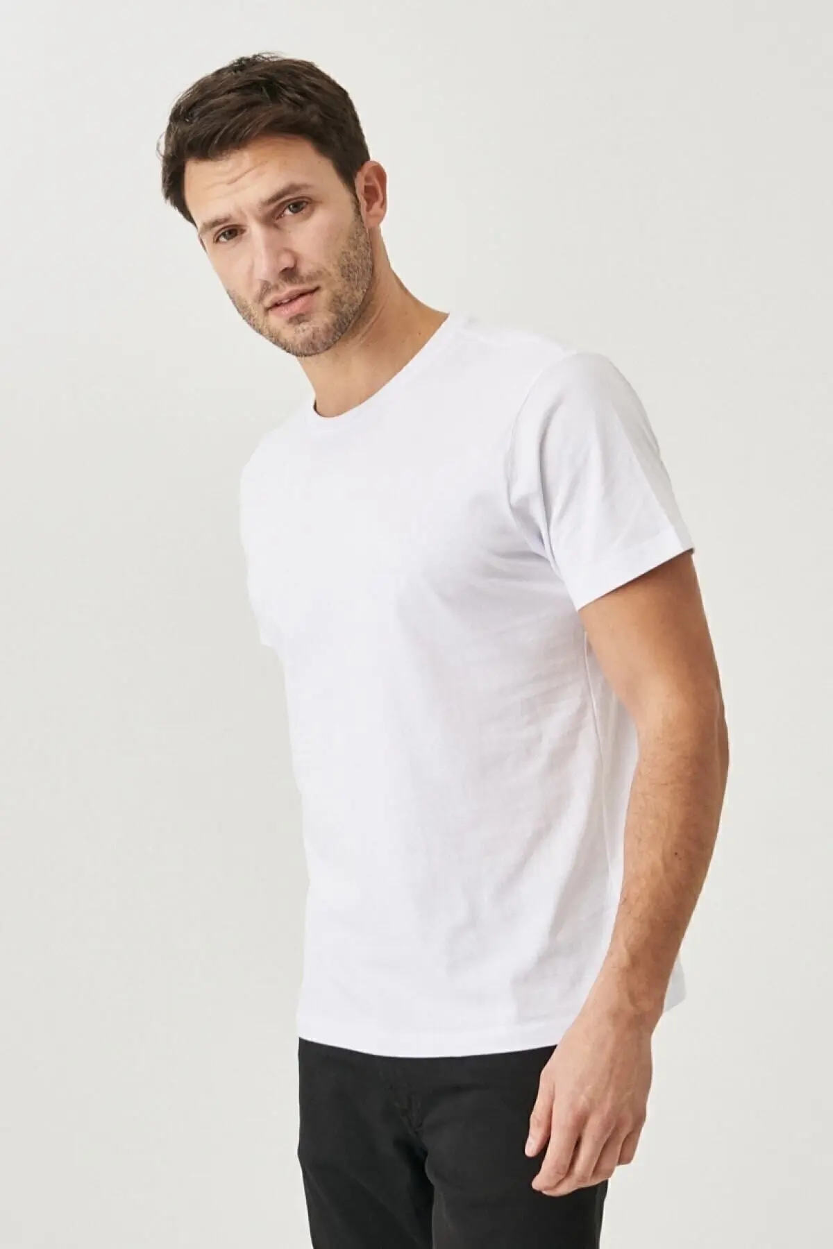 Erkek Beyaz-lacivert-siyahhaki-gri Melanj Slim Fit Bisiklet Yaka %100 Pamuk 5'li Basic Tişört Paketi
