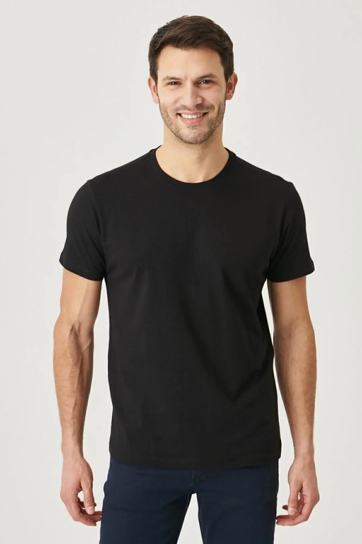 Erkek Beyaz-lacivert-siyahhaki-gri Melanj Slim Fit Bisiklet Yaka %100 Pamuk 5'li Basic Tişört Paketi