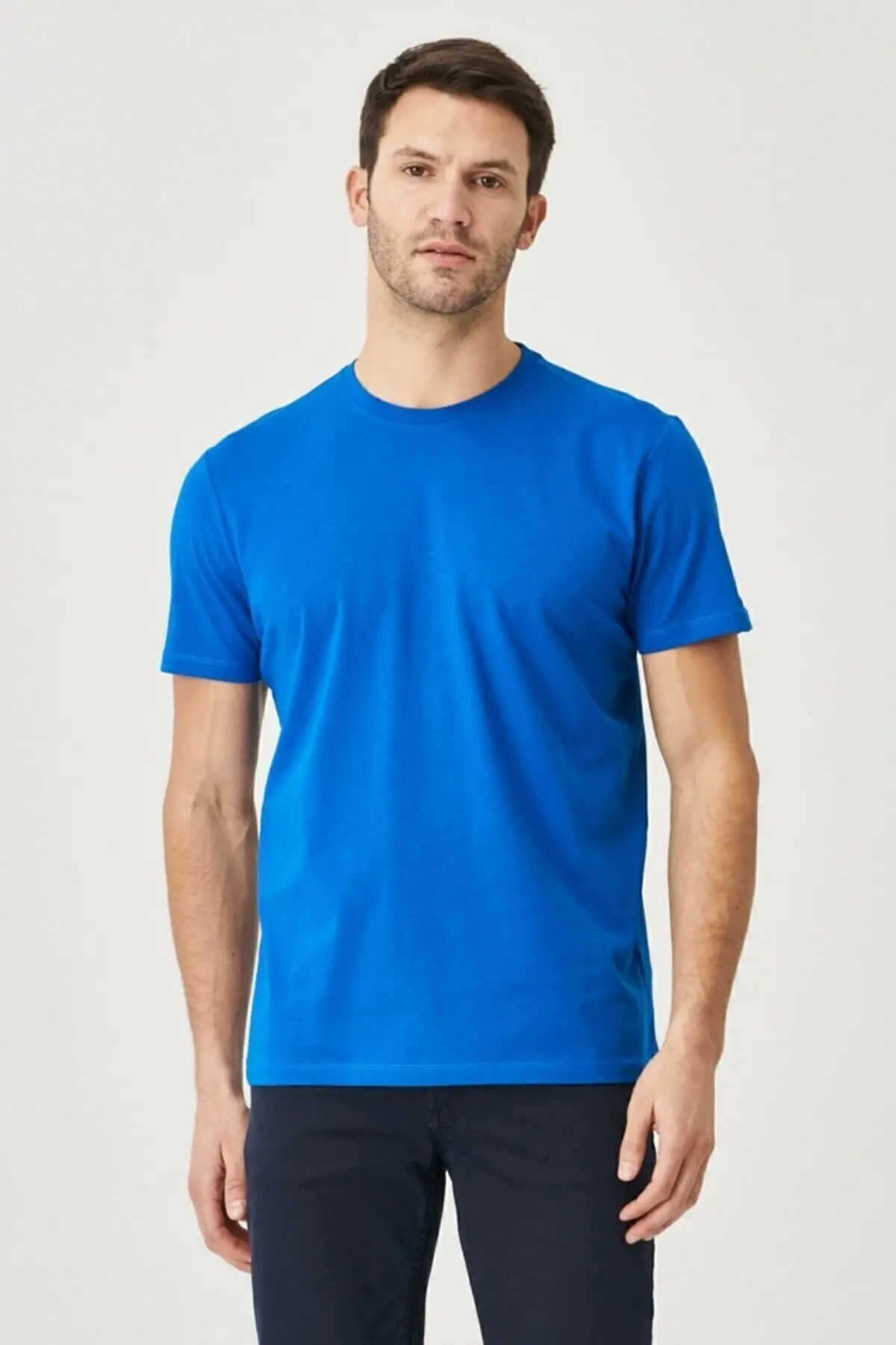 Erkek Saks-bordo-lac Slim Fit Dar Kesim Bisiklet Yaka %100 Pamuk 5'li Basic Tişört Paketi
