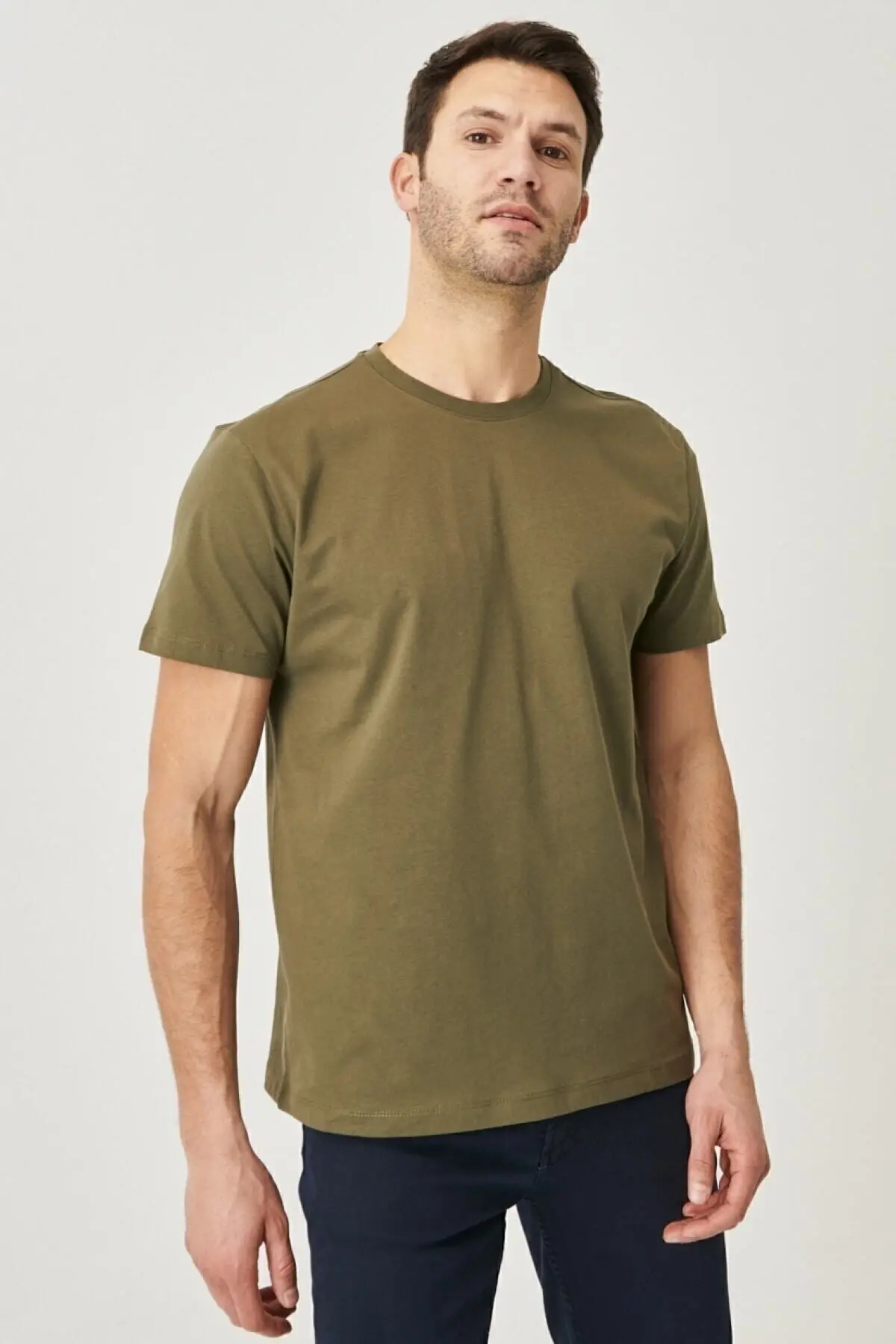 Erkek Beyaz-lacivert-siyahhaki-gri Melanj Slim Fit Bisiklet Yaka %100 Pamuk 5'li Basic Tişört Paketi