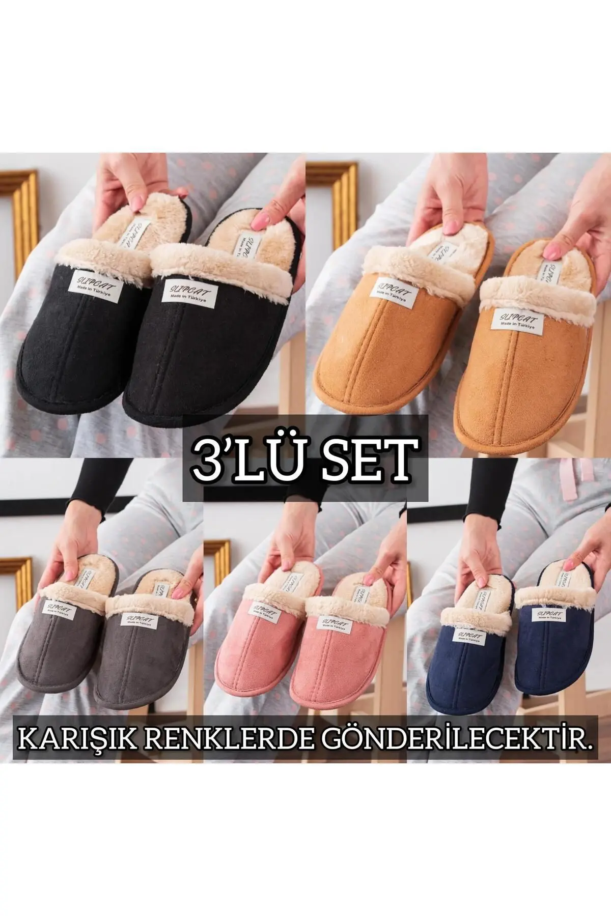 Slipcat 3'lü İçi Kürklü Ev Terliği Misafir Terliği Çeyiz Bohça Bahçe Terliği