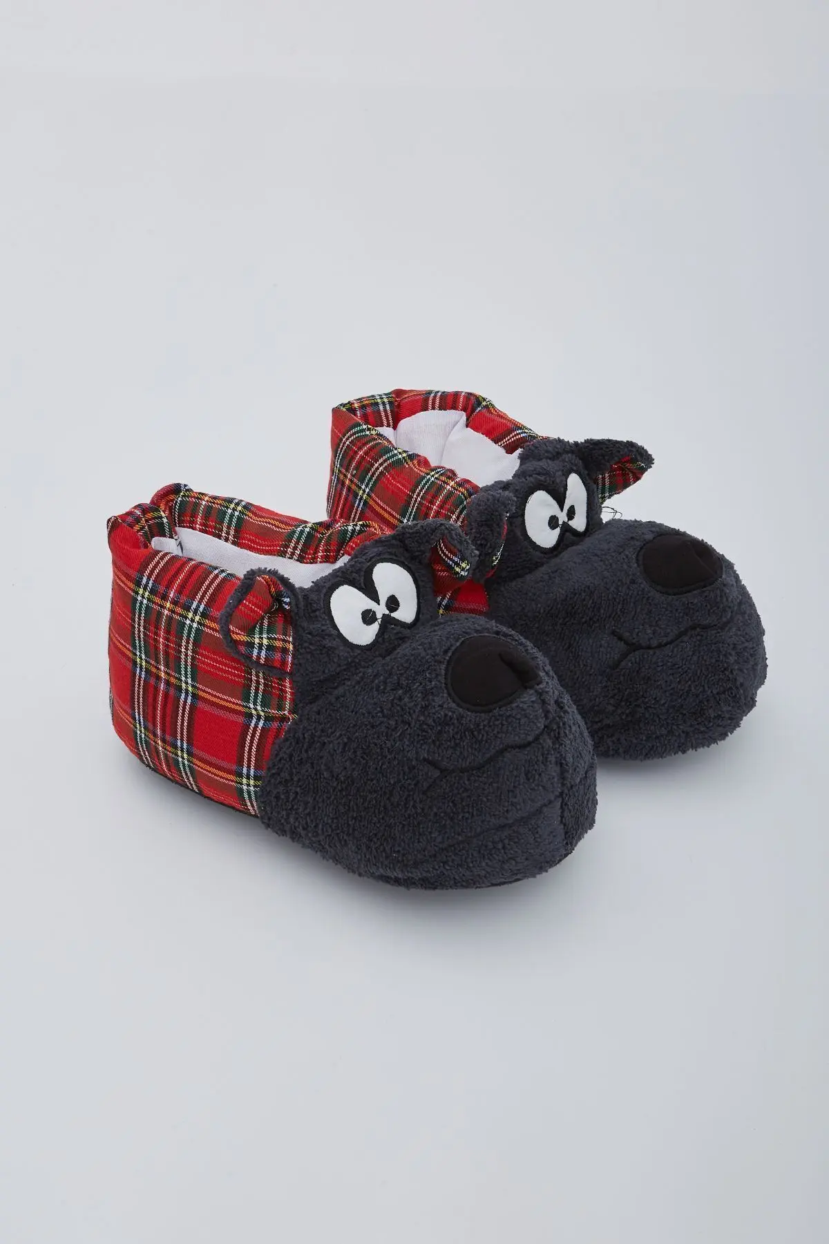 Füme Kırmızı Ekoseli Hayvanlı Sessiz Taban Panduf Sevimli Köpek Figürlü Peluş Ev Ayakkabısı