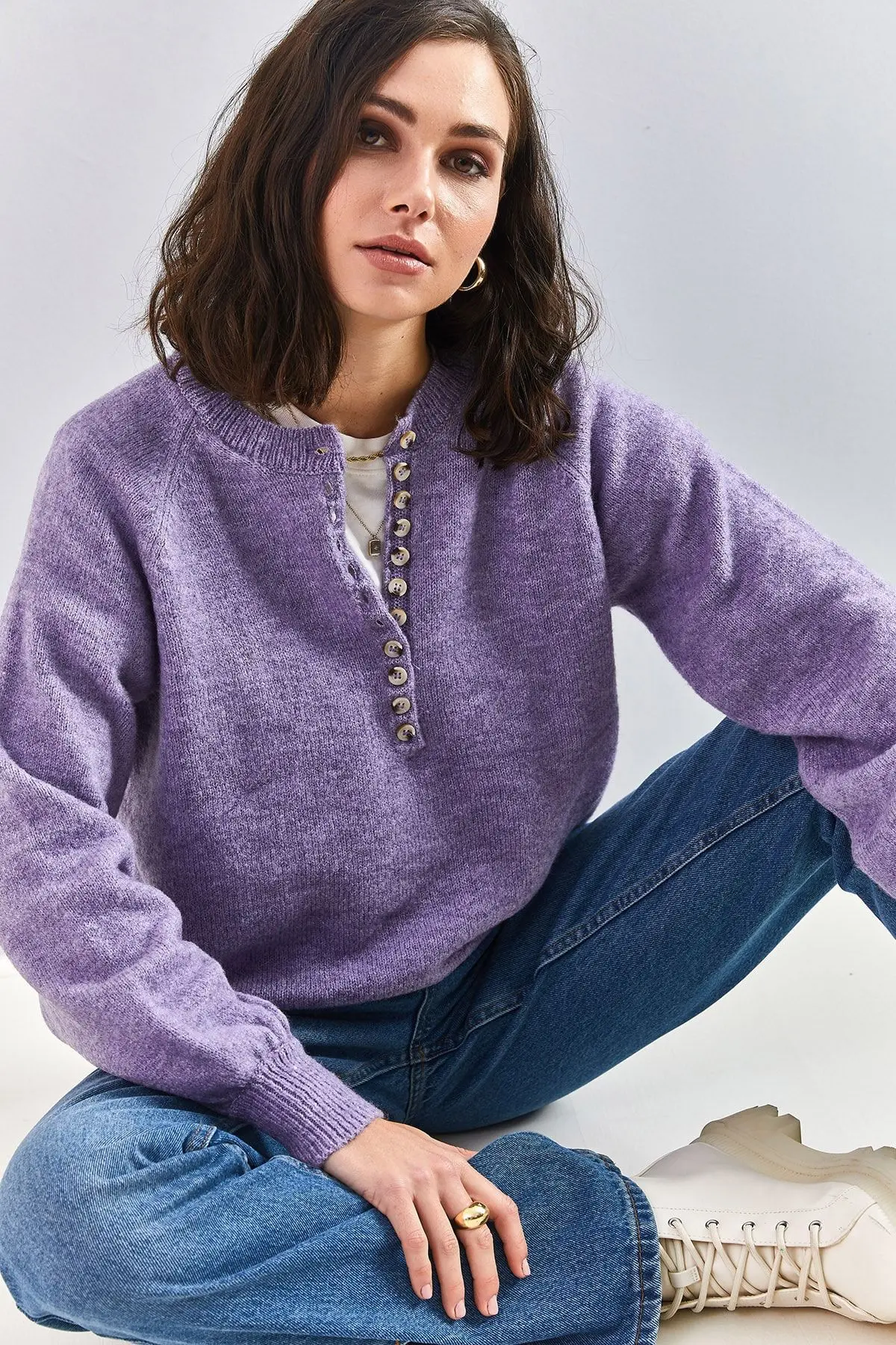 Kadın Yakası Ilikli Balıkçı Yaka Şeritli Triko Kazak