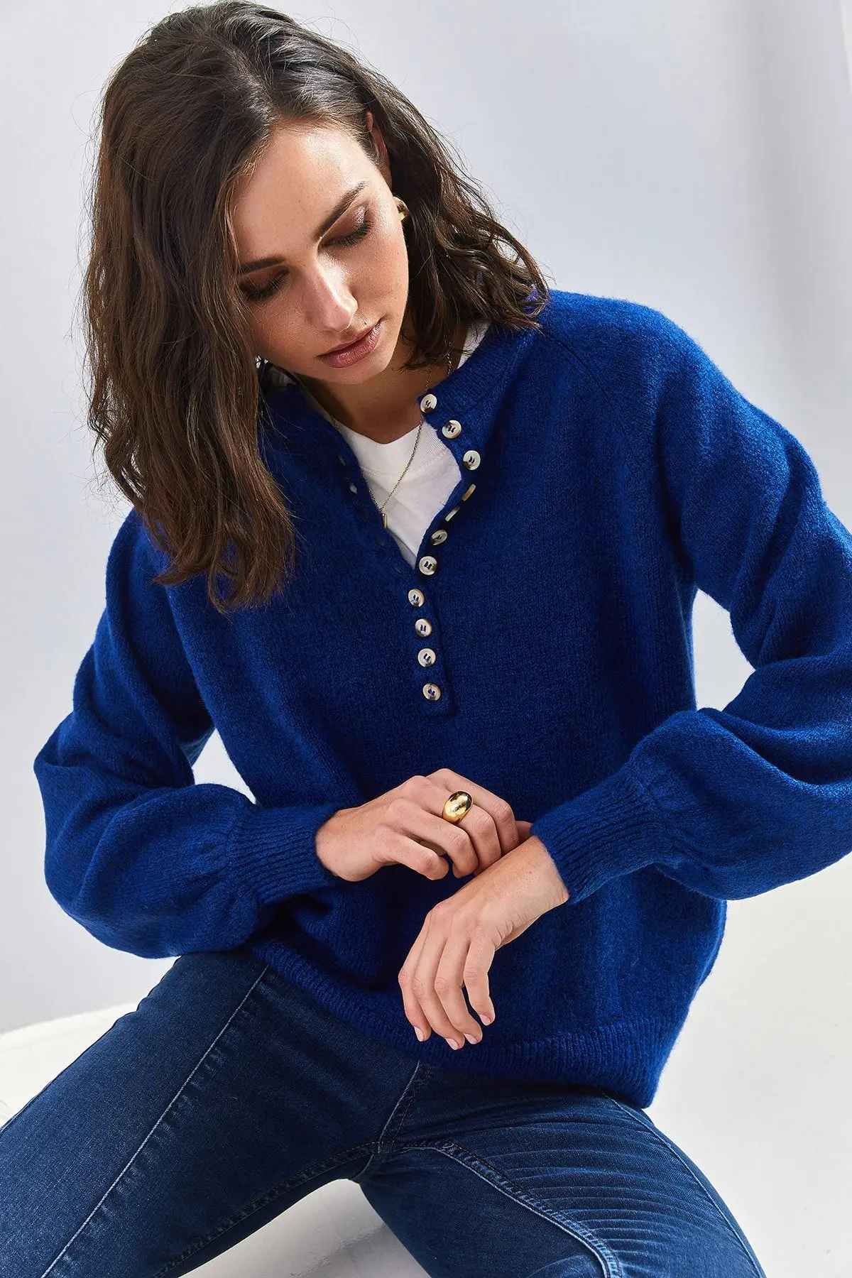 Kadın Yakası Ilikli Balıkçı Yaka Triko Kazak