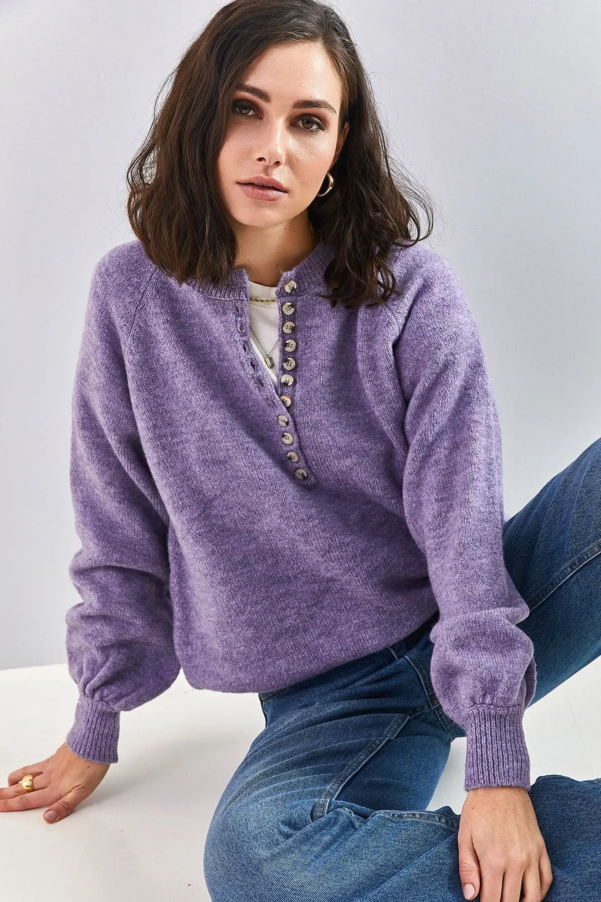 Bianco Lucci Kadın Yakası Ilikli Balıkçı Yaka Şeritli Triko Kazak