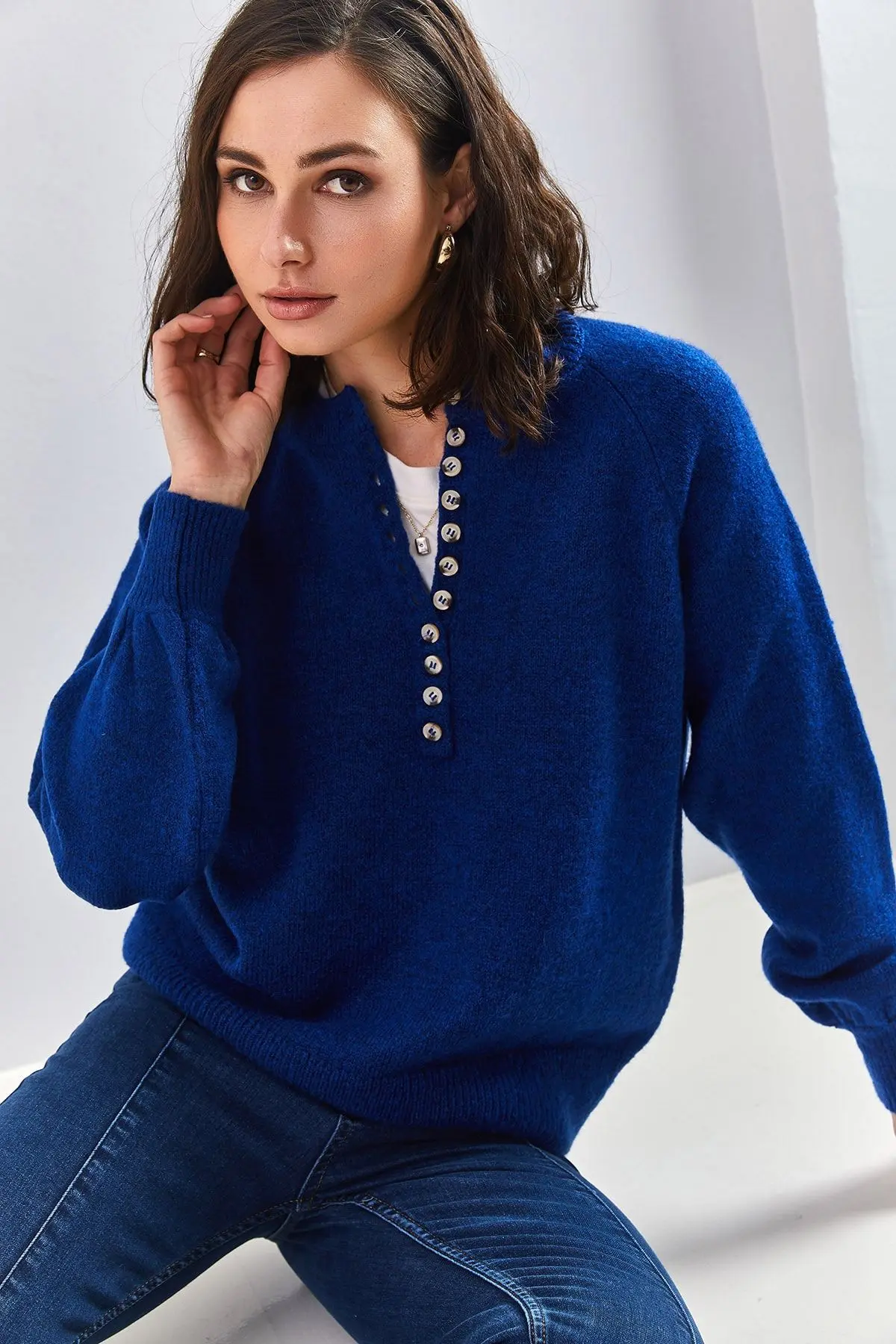 Kadın Yakası Ilikli Balıkçı Yaka Triko Kazak