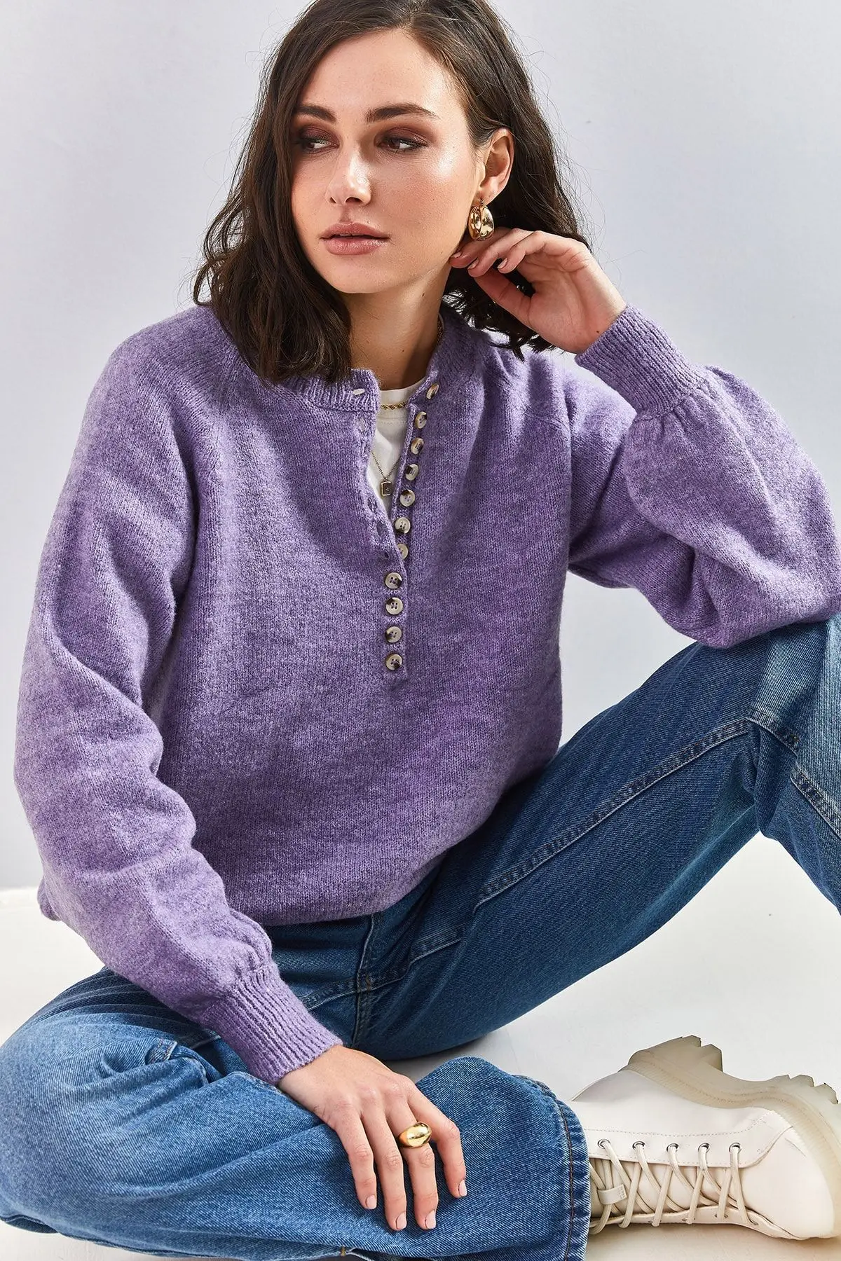 Kadın Yakası Ilikli Balıkçı Yaka Şeritli Triko Kazak