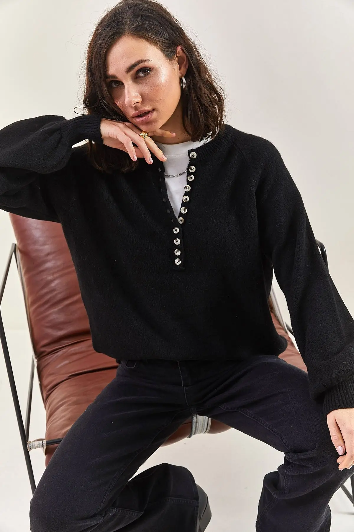 Kadın Yakası Ilikli Balıkçı Yaka Triko Kazak