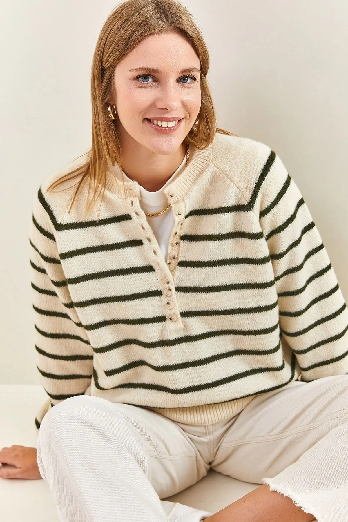 Bianco Lucci Kadın Yakası Ilikli Balıkçı Yaka Çizgili Triko Kazak