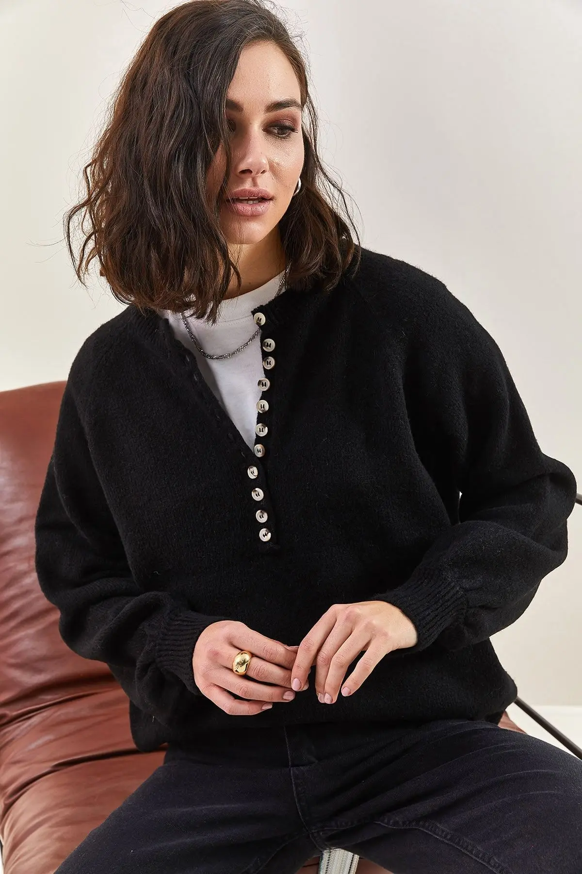 Kadın Yakası Ilikli Balıkçı Yaka Triko Kazak