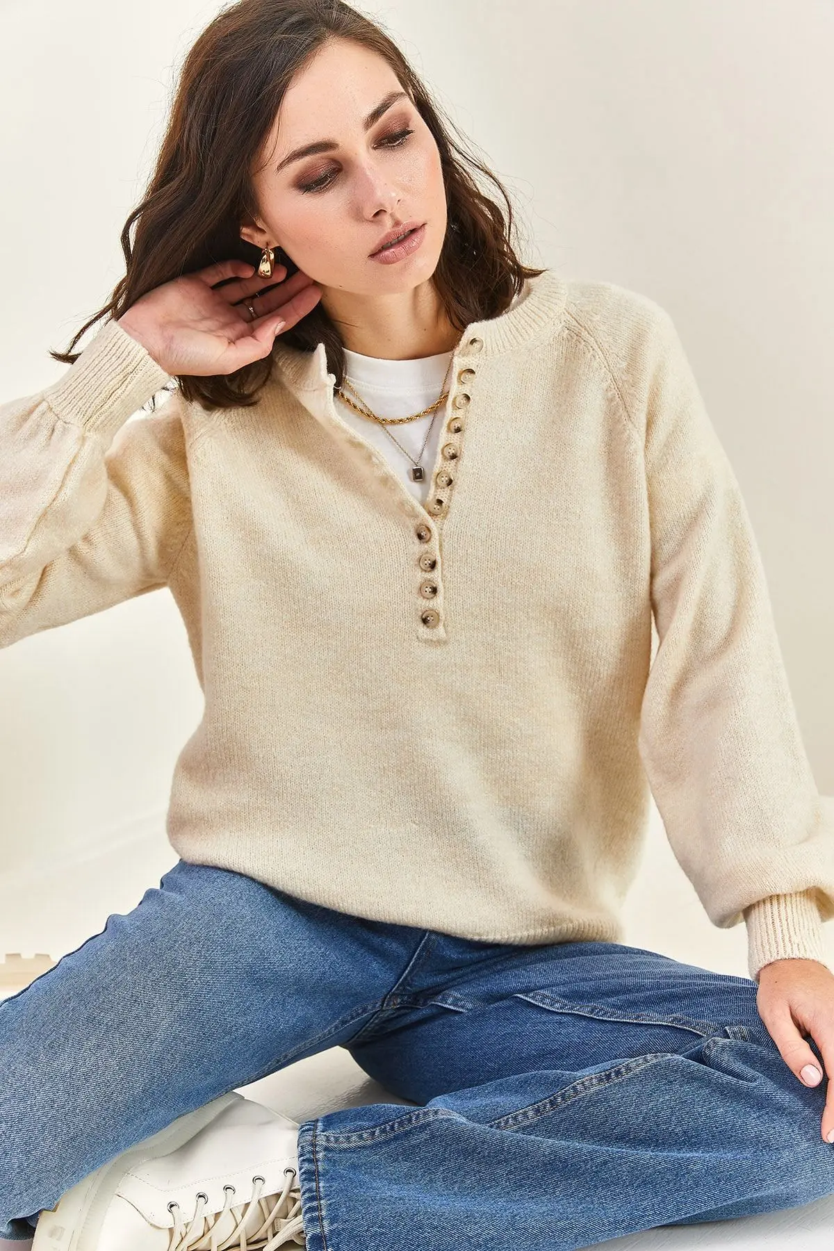 Kadın Yakası Ilikli Balıkçı Yaka Triko Kazak