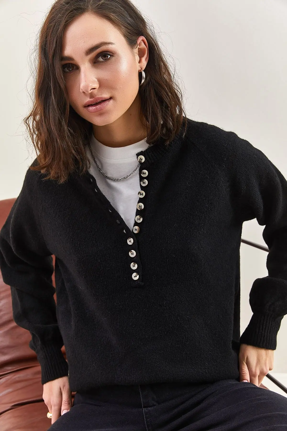 Kadın Yakası Ilikli Balıkçı Yaka Triko Kazak