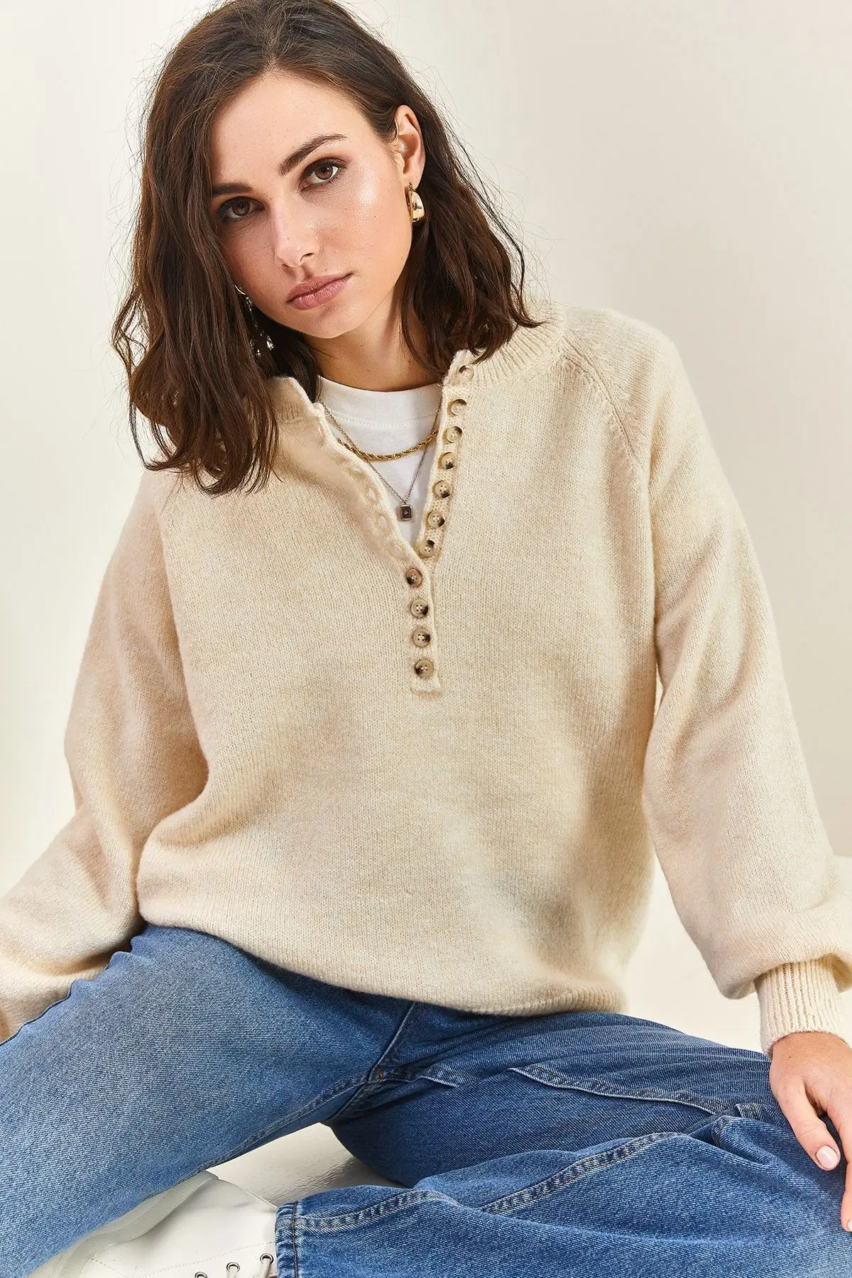 Kadın Yakası Ilikli Balıkçı Yaka Triko Kazak