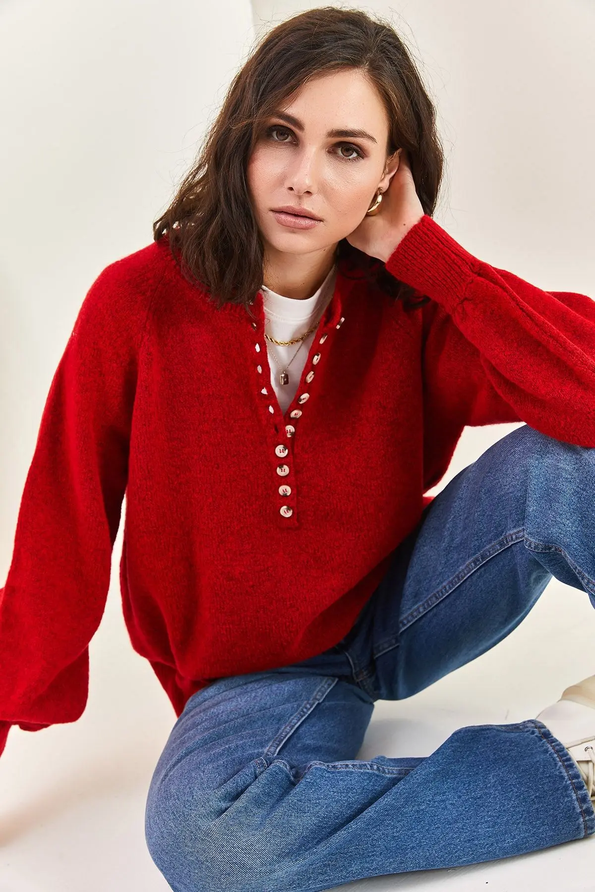 Kadın Yakası Ilikli Balıkçı Yaka Triko Kazak