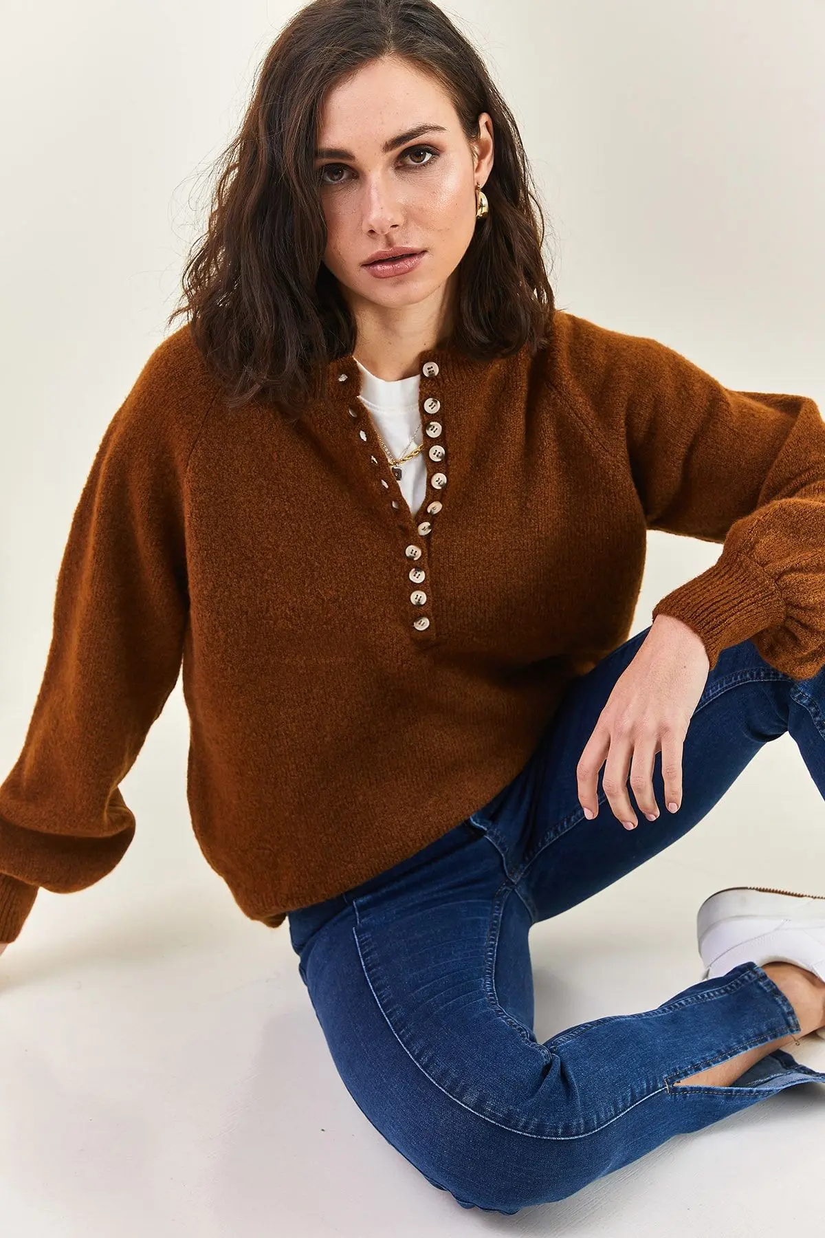 Kadın Yakası Ilikli Balıkçı Yaka Triko Kazak