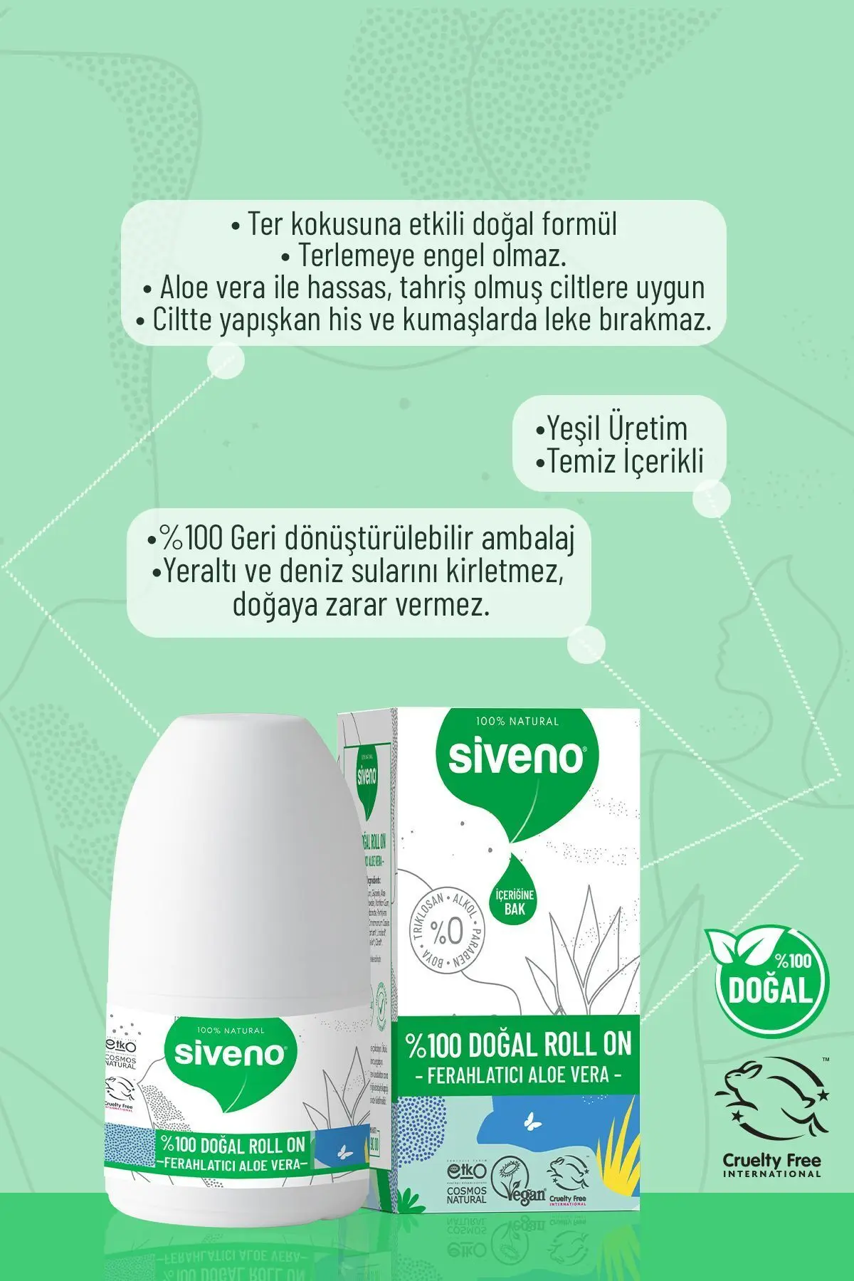 %100 Doğal Roll-on Aloe Vera Deodorant Ter Kokusu Önleyici Bitkisel Lekesiz Vegan 50 ml