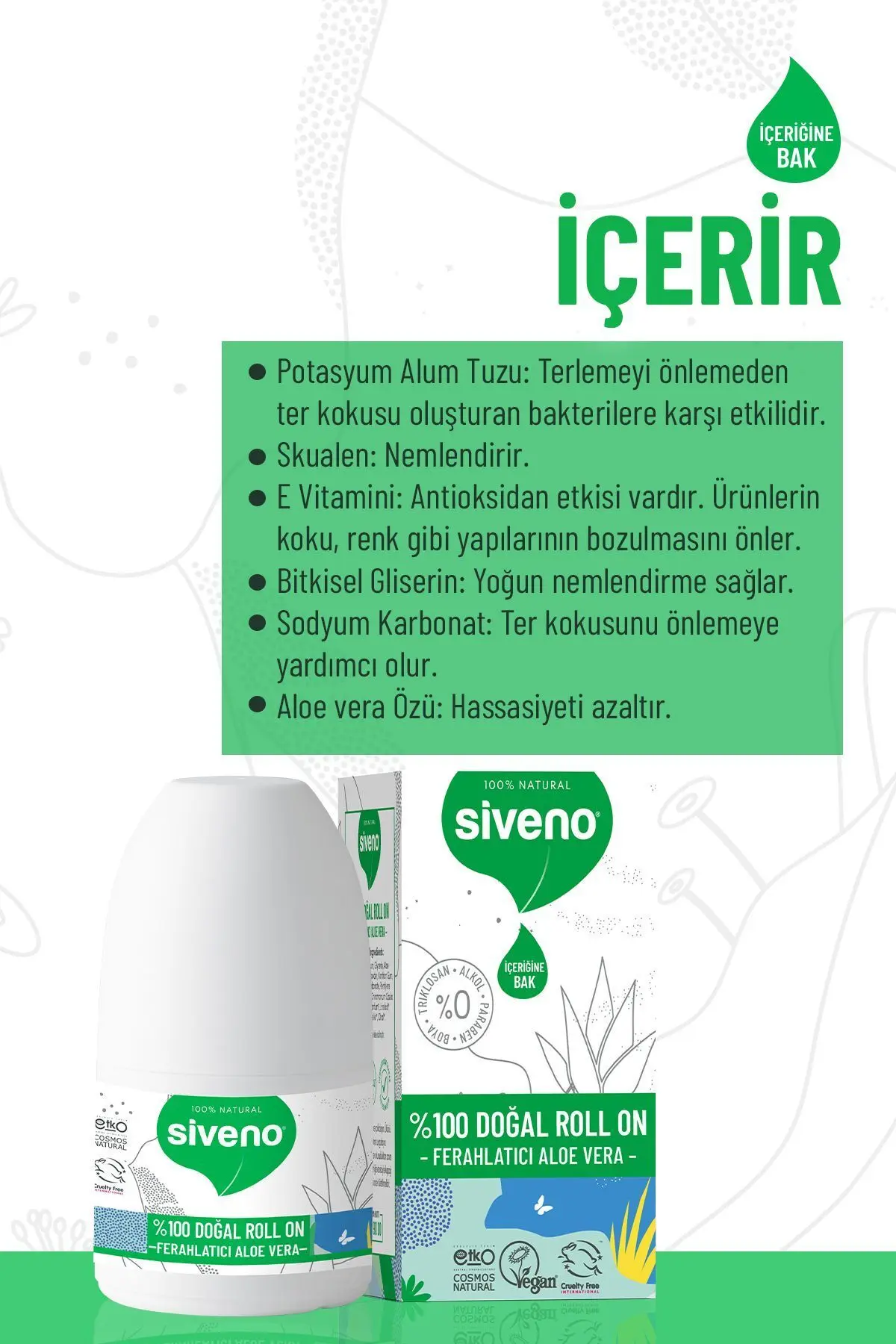 %100 Doğal Roll-on Aloe Vera Deodorant Ter Kokusu Önleyici Bitkisel Lekesiz Vegan 50 ml
