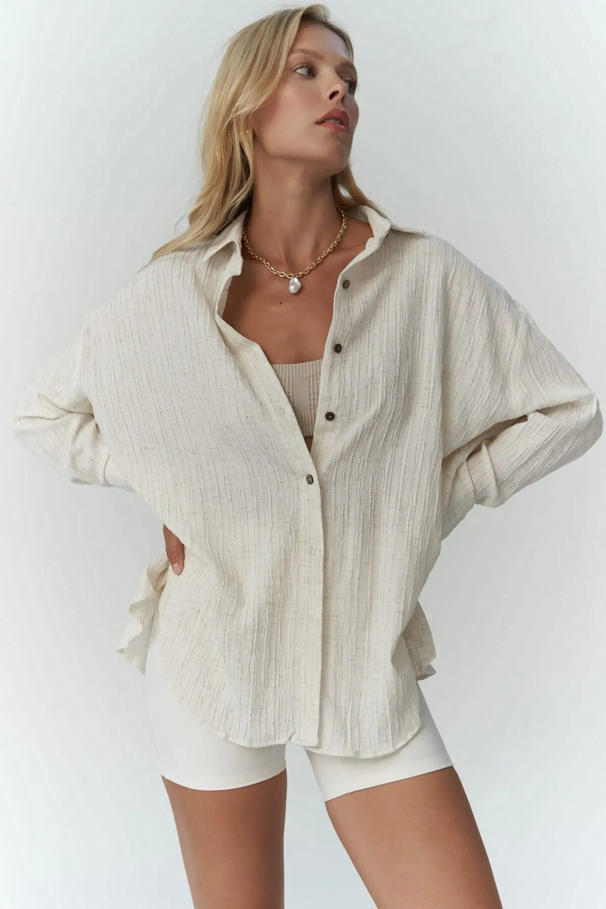 MAİ COLLECTİON Durres Bej Keten Oversize Gömlek