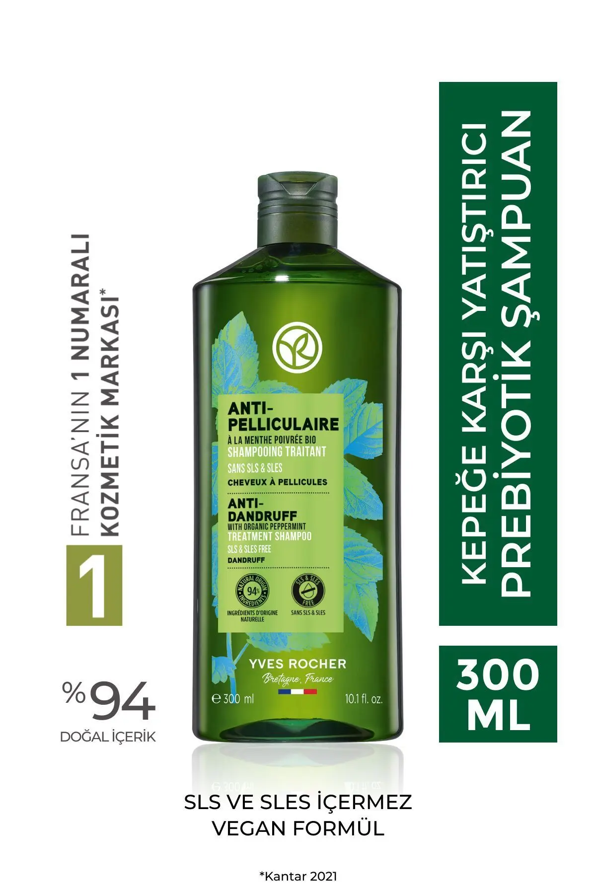 Yves Rocher Kepeğe Karşı (Anti Pelliculaire) Yatıştırıcı Prebiyotik Şampuan -  Tuzsuz & Vegan-300 ml