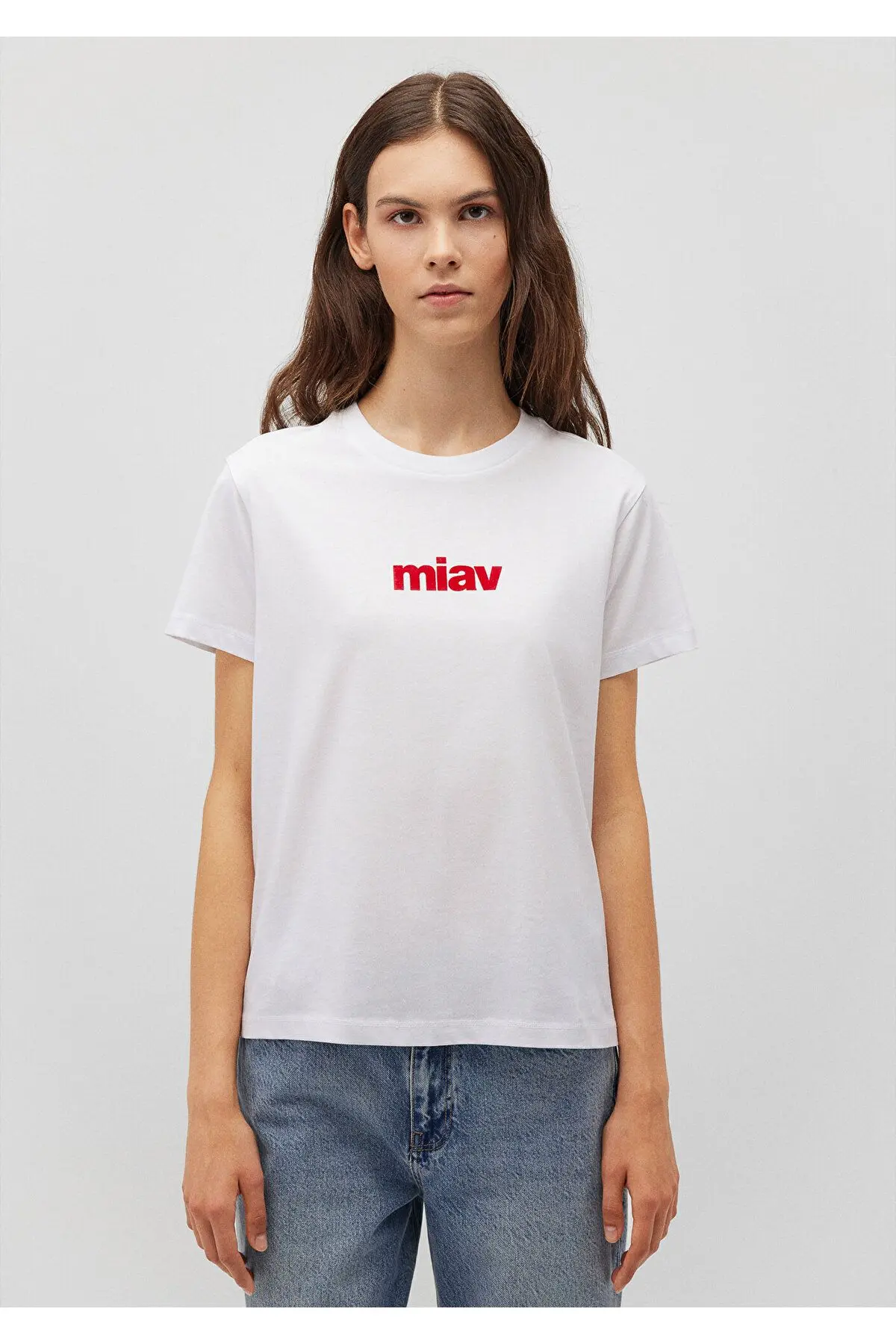 Kırmızı Miav Baskılı Beyaz Tişört Regular Fit / Normal Kesim 1610622-86417