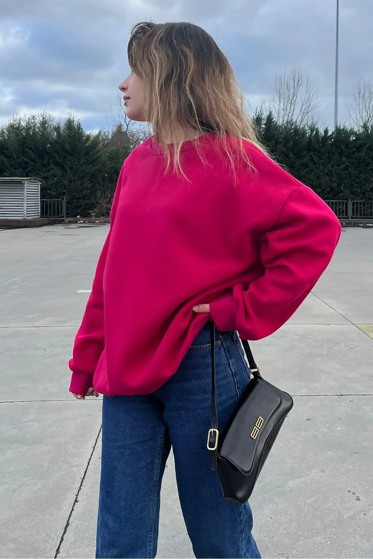 Fuşya Bisiklet Yaka Basic Sweatshirt Mg1559