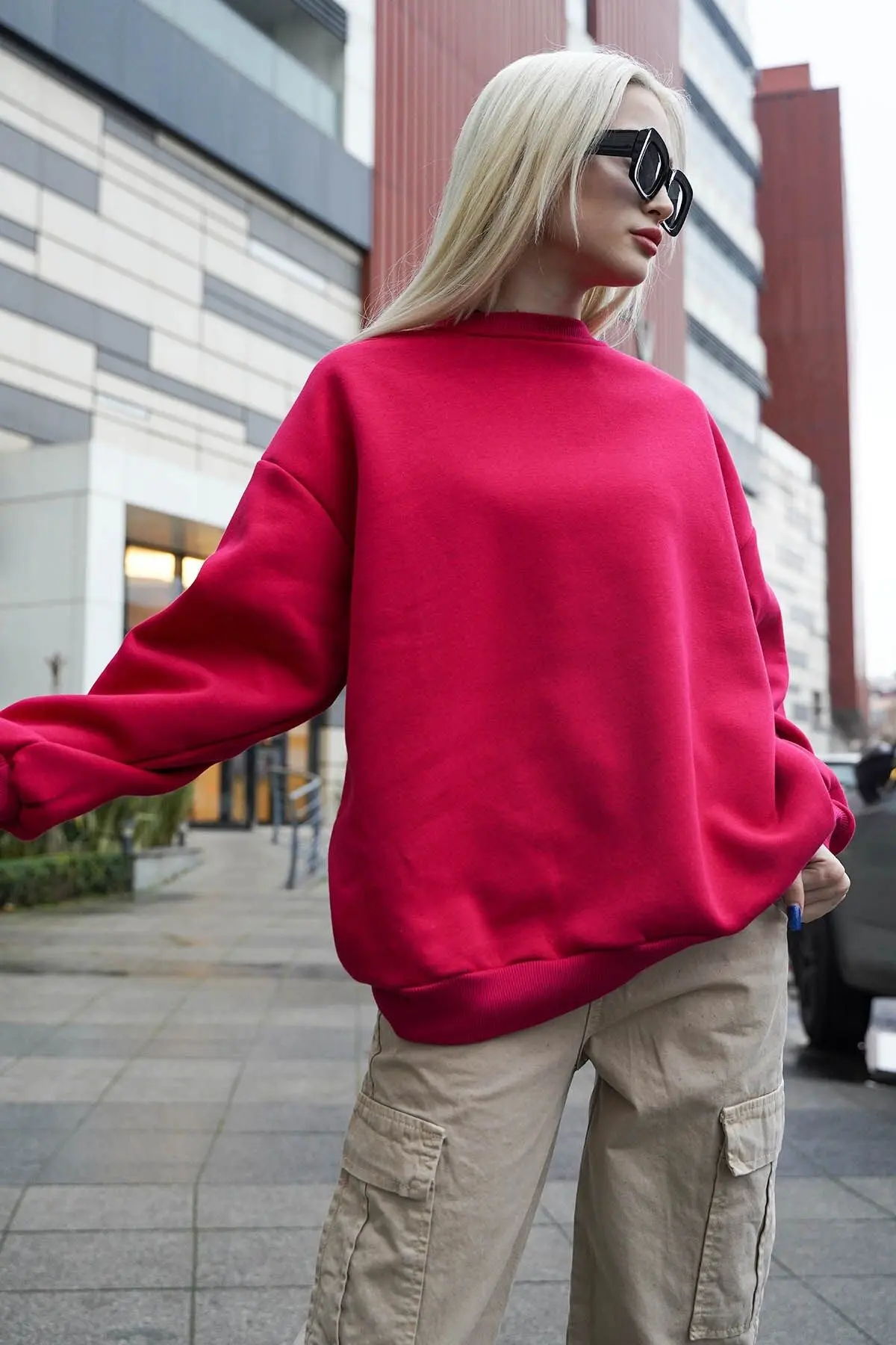 Fuşya Bisiklet Yaka Basic Sweatshirt Mg1559