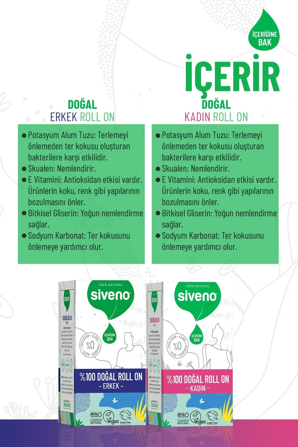 %100 Doğal Roll On Kadın & Erkek Deodorant Ter Kokusu Önleyici Bitkisel Lekesiz 50 ml Set