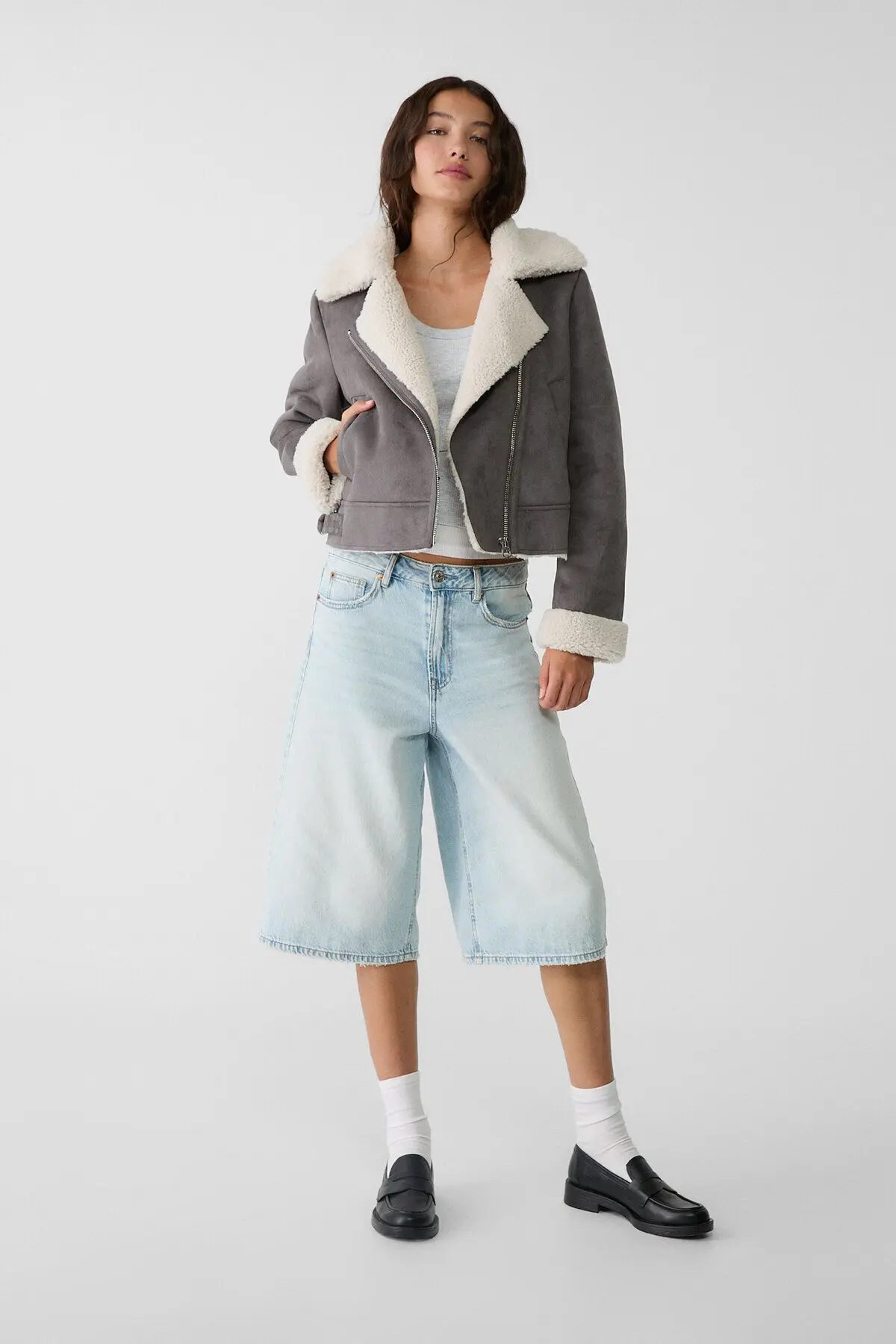 Içi Suni Kürklü Suni Süet Crop Biker Ceket