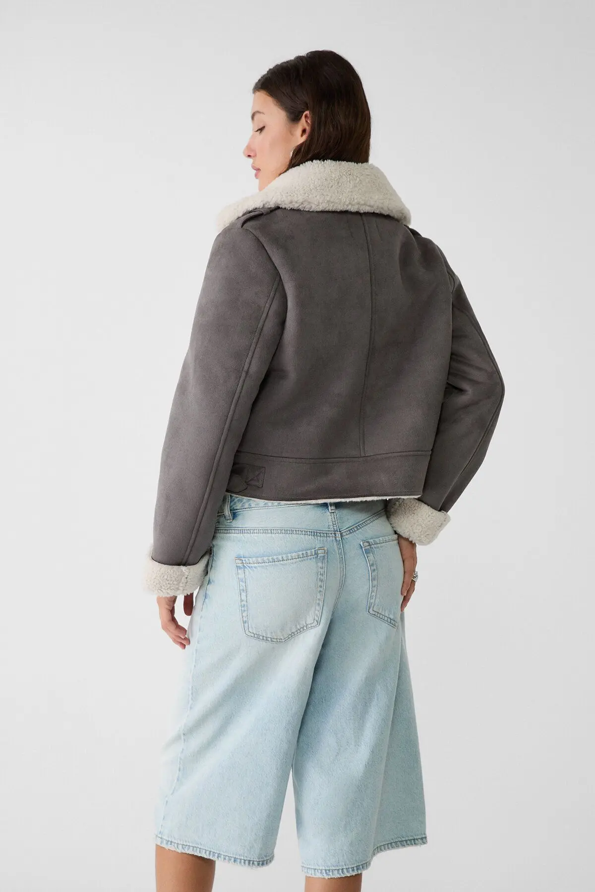 Içi Suni Kürklü Suni Süet Crop Biker Ceket
