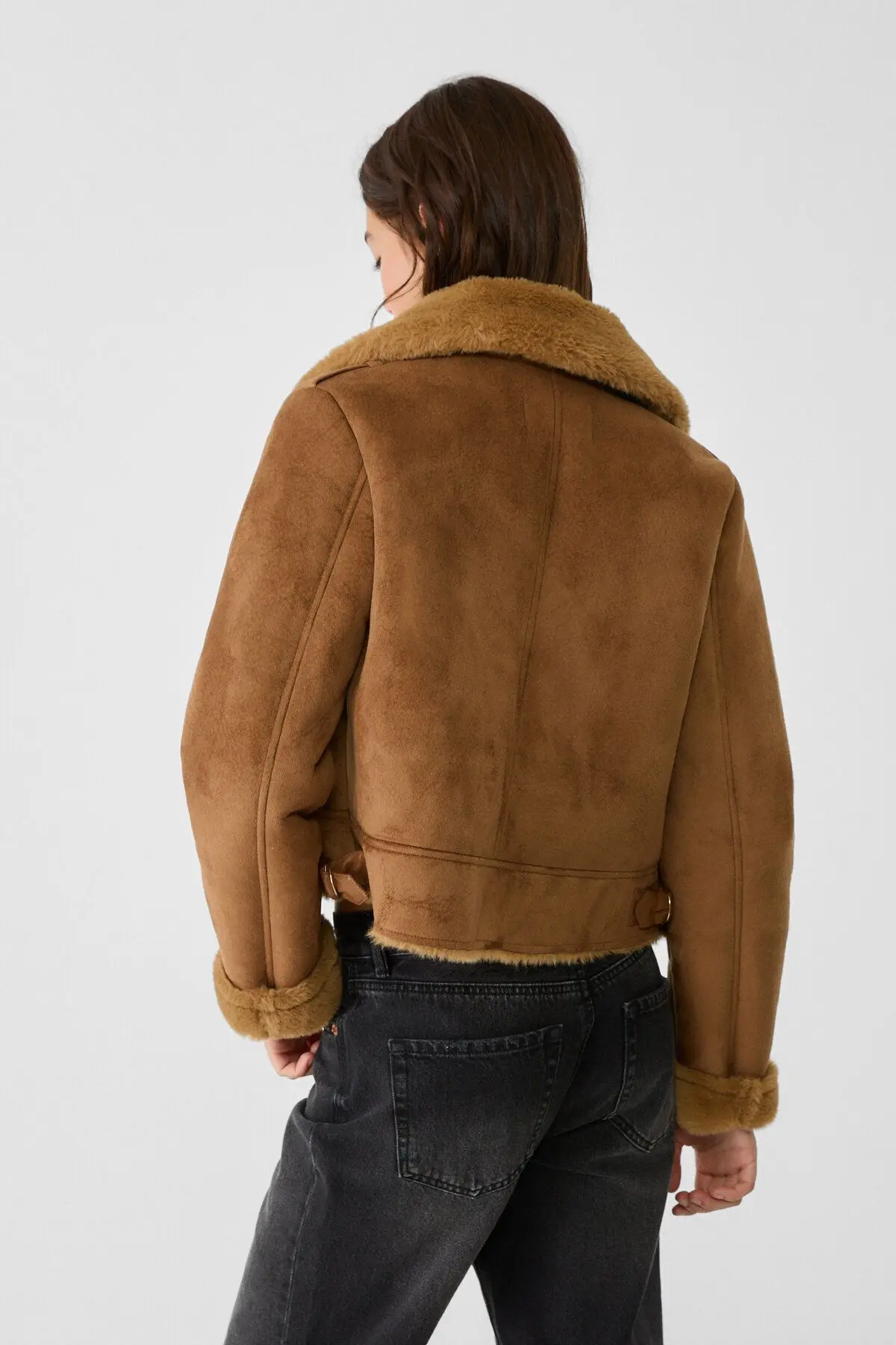 İçi Suni Kürklü Suni Süet Crop Biker Ceket