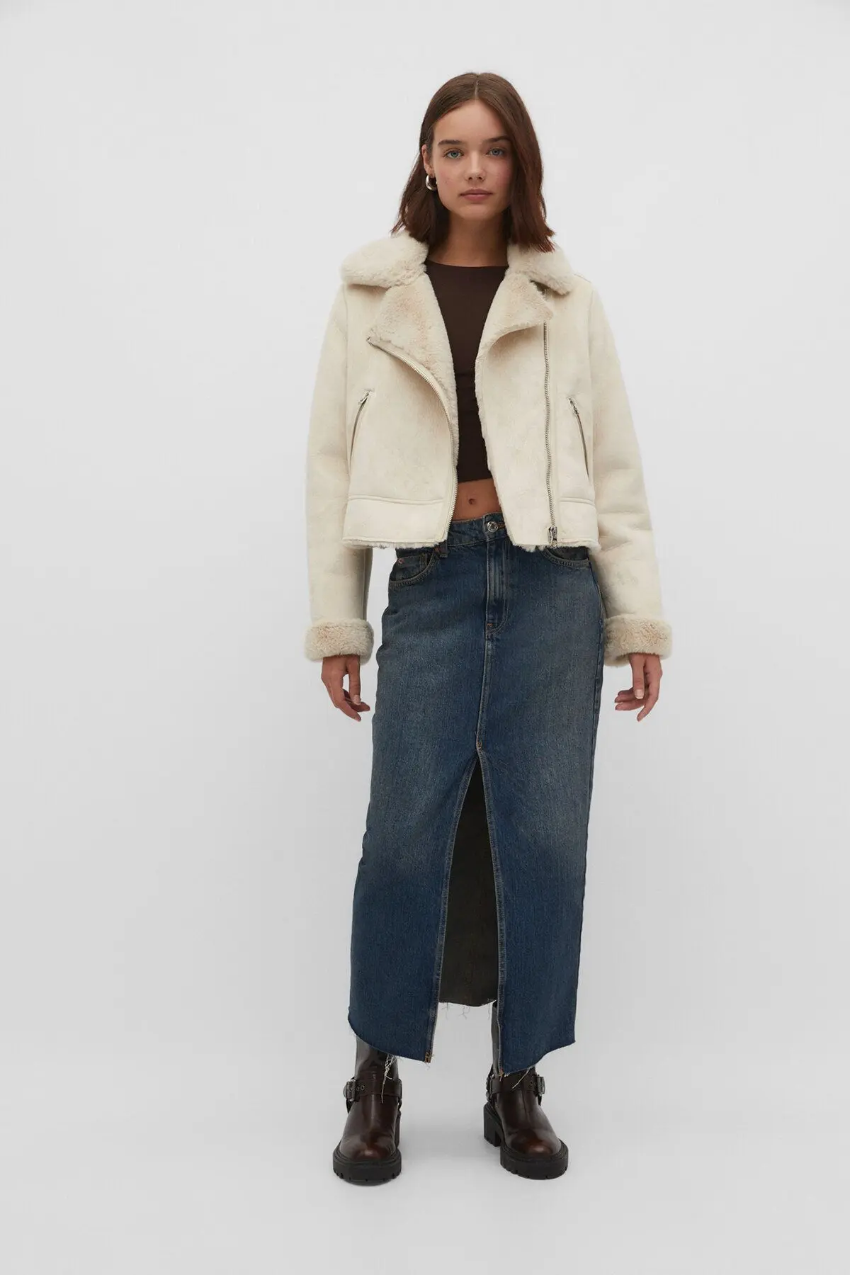 Içi Suni Kürklü Suni Süet Crop Biker Ceket