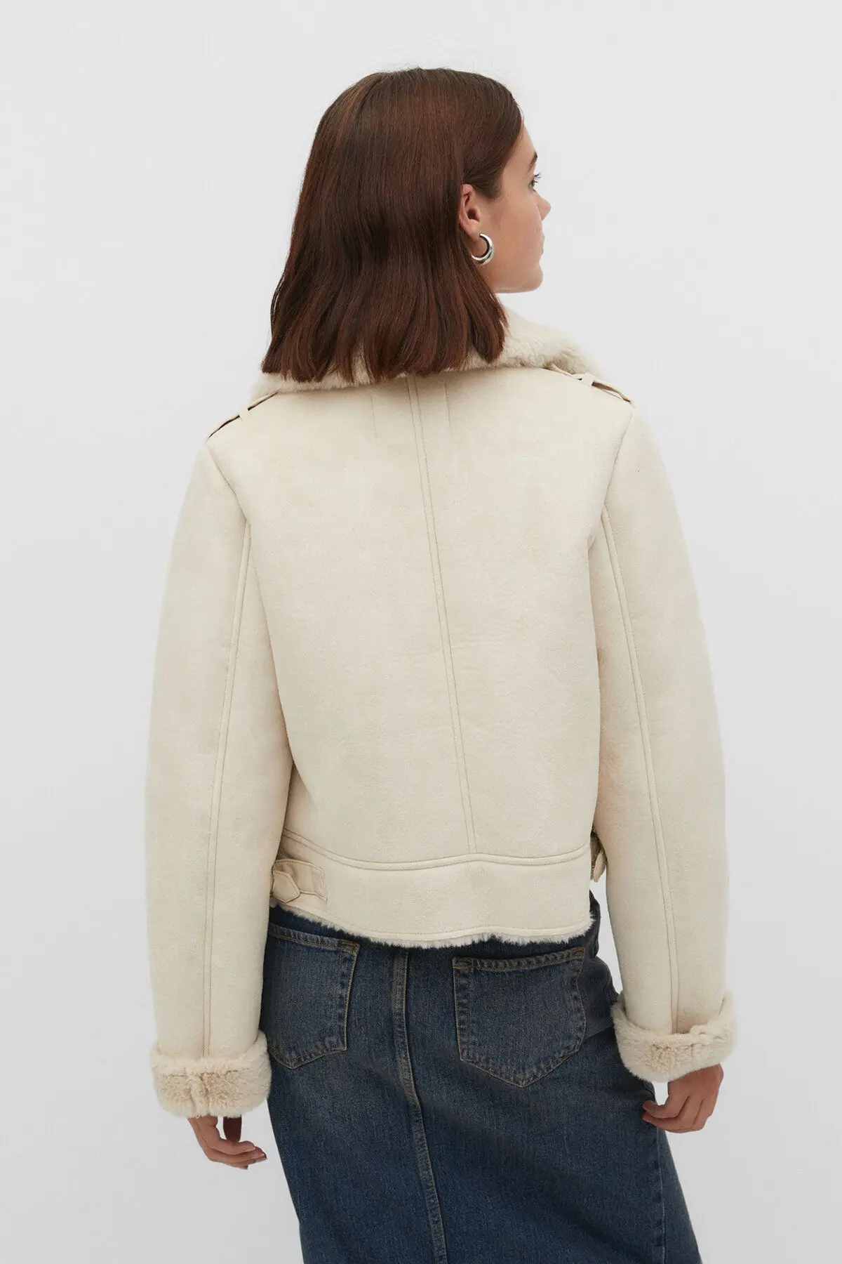 Içi Suni Kürklü Suni Süet Crop Biker Ceket