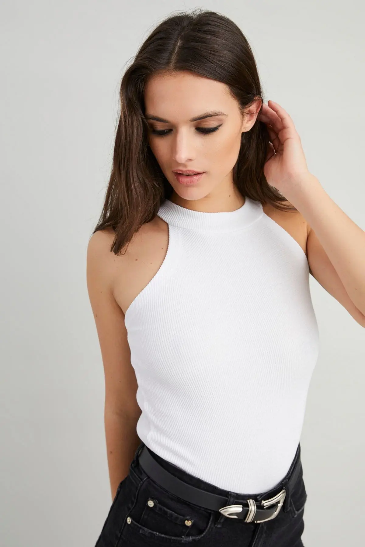 Kadın Beyaz Kaşkorse Kolsuz Bluz Yİ1566