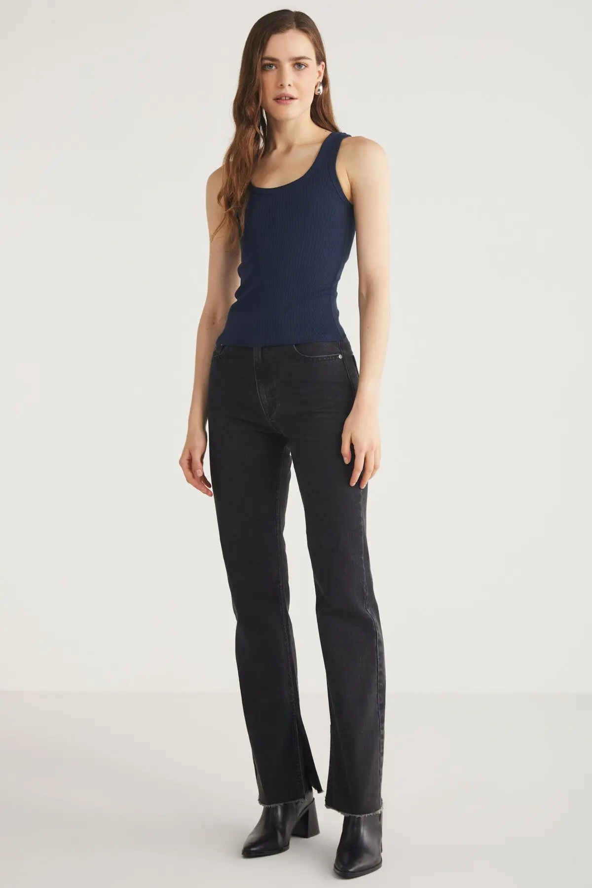 Lıllesol Kadın Fitilli Görünümlü Kalın Askılı Basic Lacivert Atlet