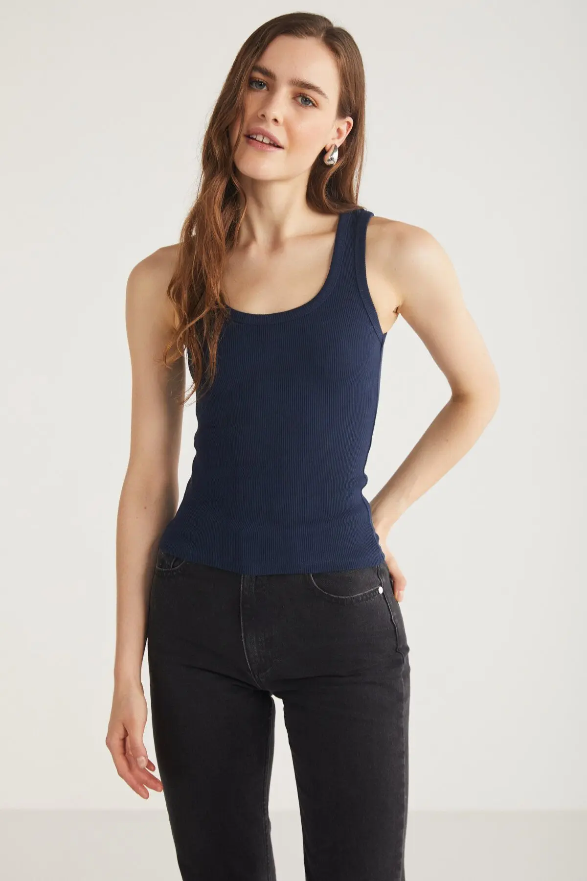 ETHIQUET Lıllesol Kadın Fitilli Görünümlü Kalın Askılı Basic Lacivert Atlet