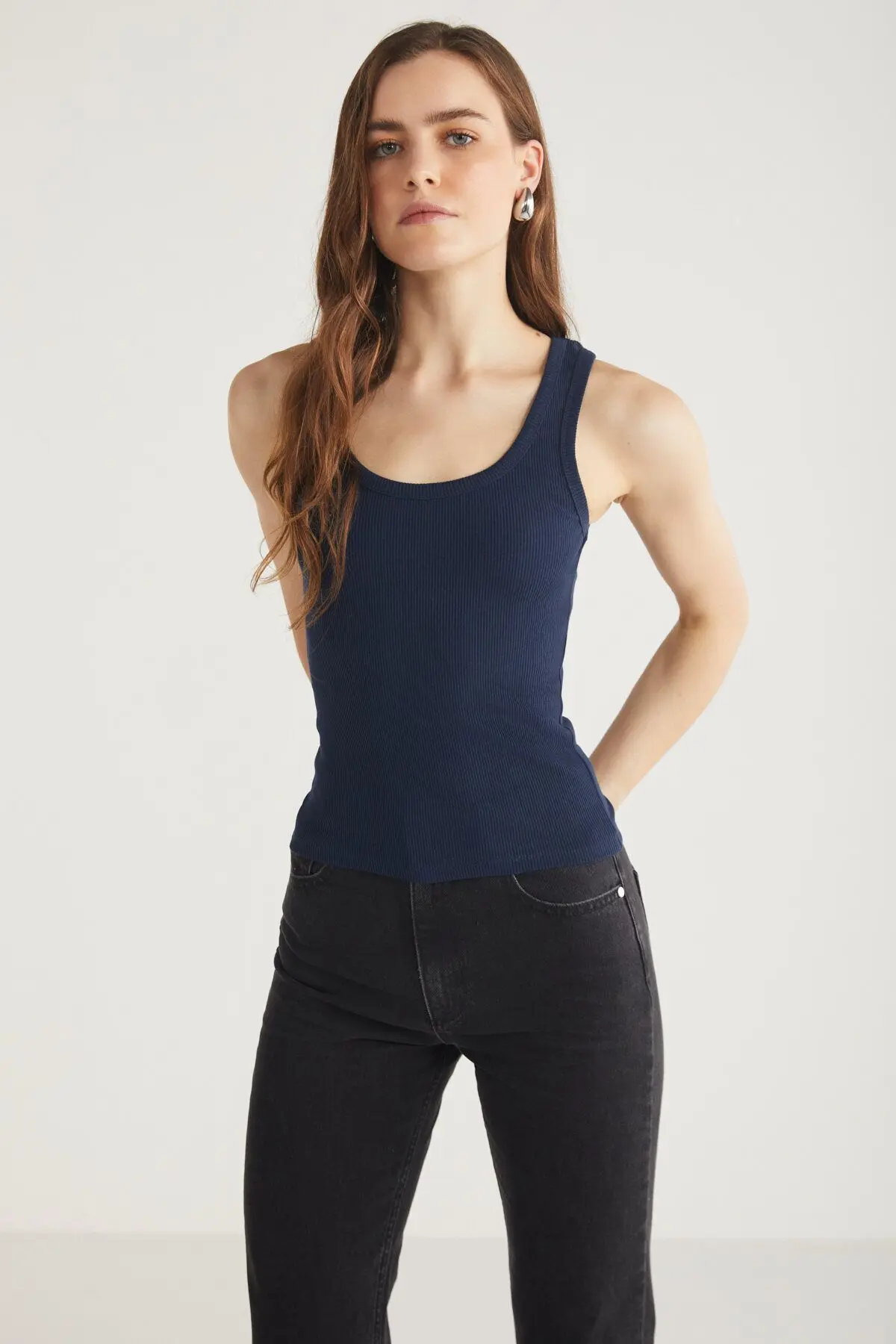 Lıllesol Kadın Fitilli Görünümlü Kalın Askılı Basic Lacivert Atlet