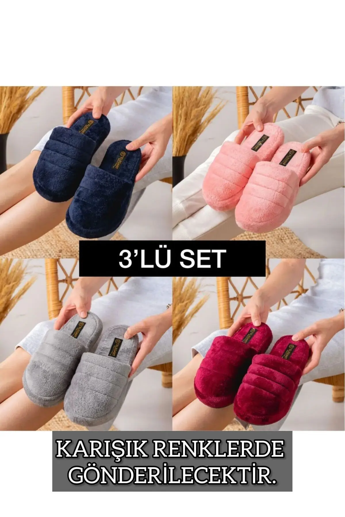 TERLİKLAND 3'lü Paket Peluş Kışlık Terlik Ev Terliği Çeyiz Bohça Seti Misafir Terliği