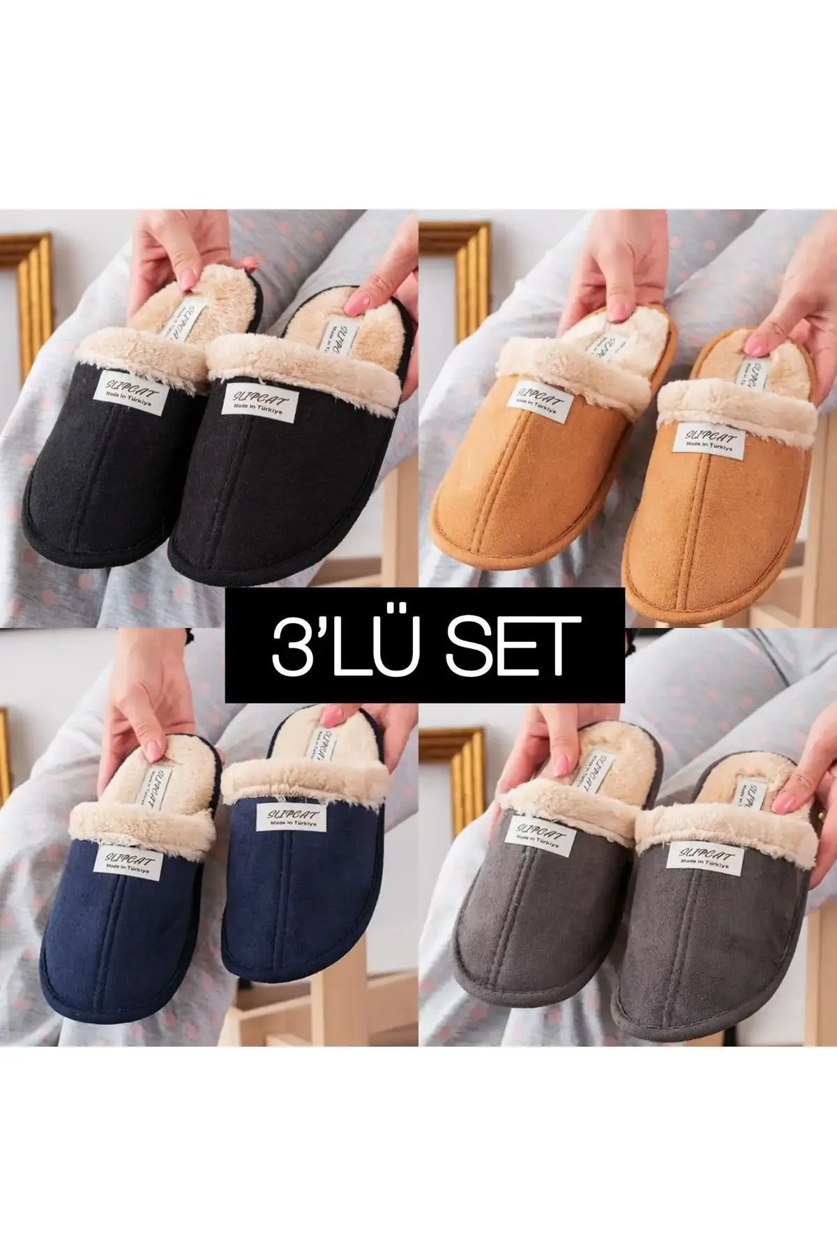 TERLİKLAND 3'lü Paket Peluş Kışlık Terlik Ev Terliği Çeyiz Bohça Seti Misafir Terliği