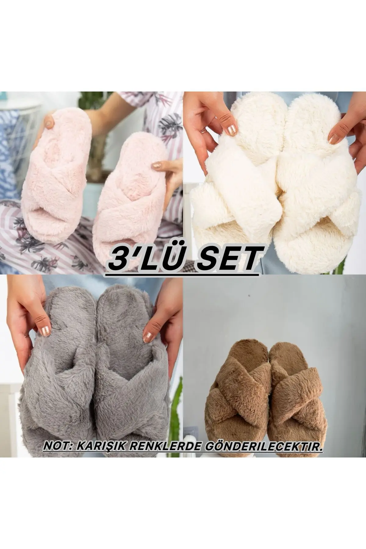 TERLİKLAND 3'lü Paket Peluş Kışlık Terlik Ev Terliği Çeyiz Bohça Seti Misafir Terliği