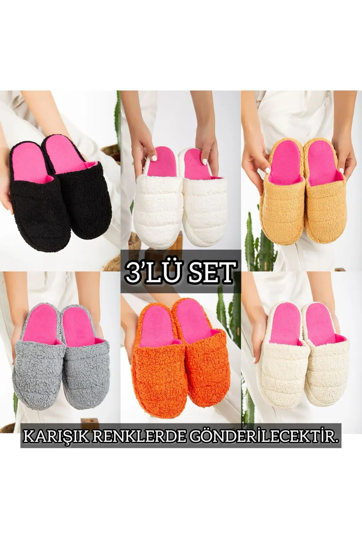 TERLİKLAND 3'lü Paket Peluş Kışlık Terlik Ev Terliği Çeyiz Bohça Seti Misafir Terliği