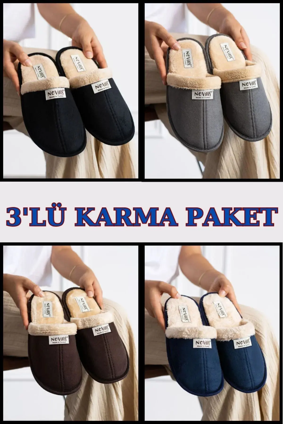NOVİNS 3'lü Paket Erkek Ev Terliği Çeyiz Terliği Kışlık Terlik Ses Yapmaz Hafif Taban Taban