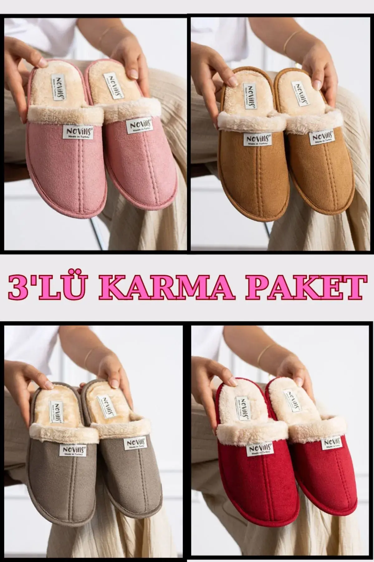 NOVİNS 3'lü Paket Kadın Erkek Ev Terliği Çeyiz Terliği Kışlık Terlik Ses Yapmaz Hafif Taban Taban